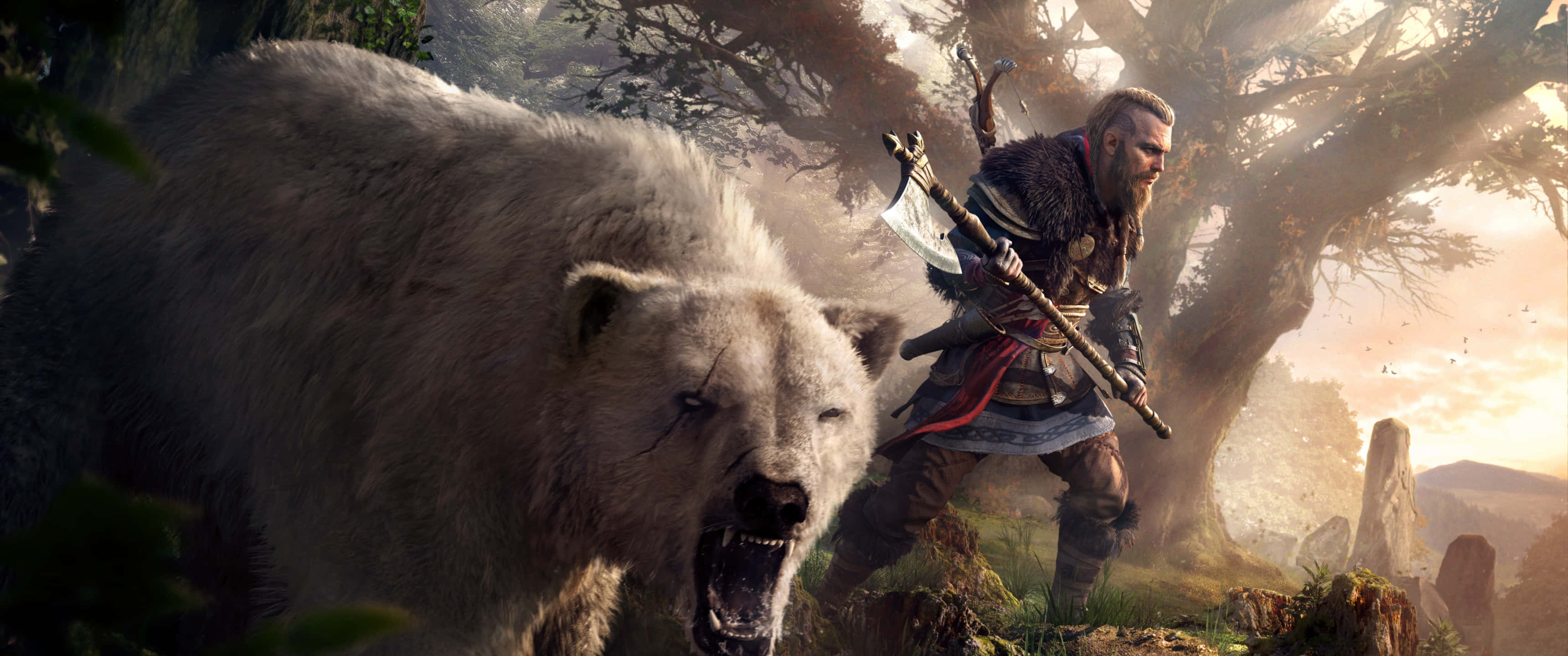 3440x1440p Assassin's Creed Odyssey Baggrund med Kriger og Isbjørn Wallpapers