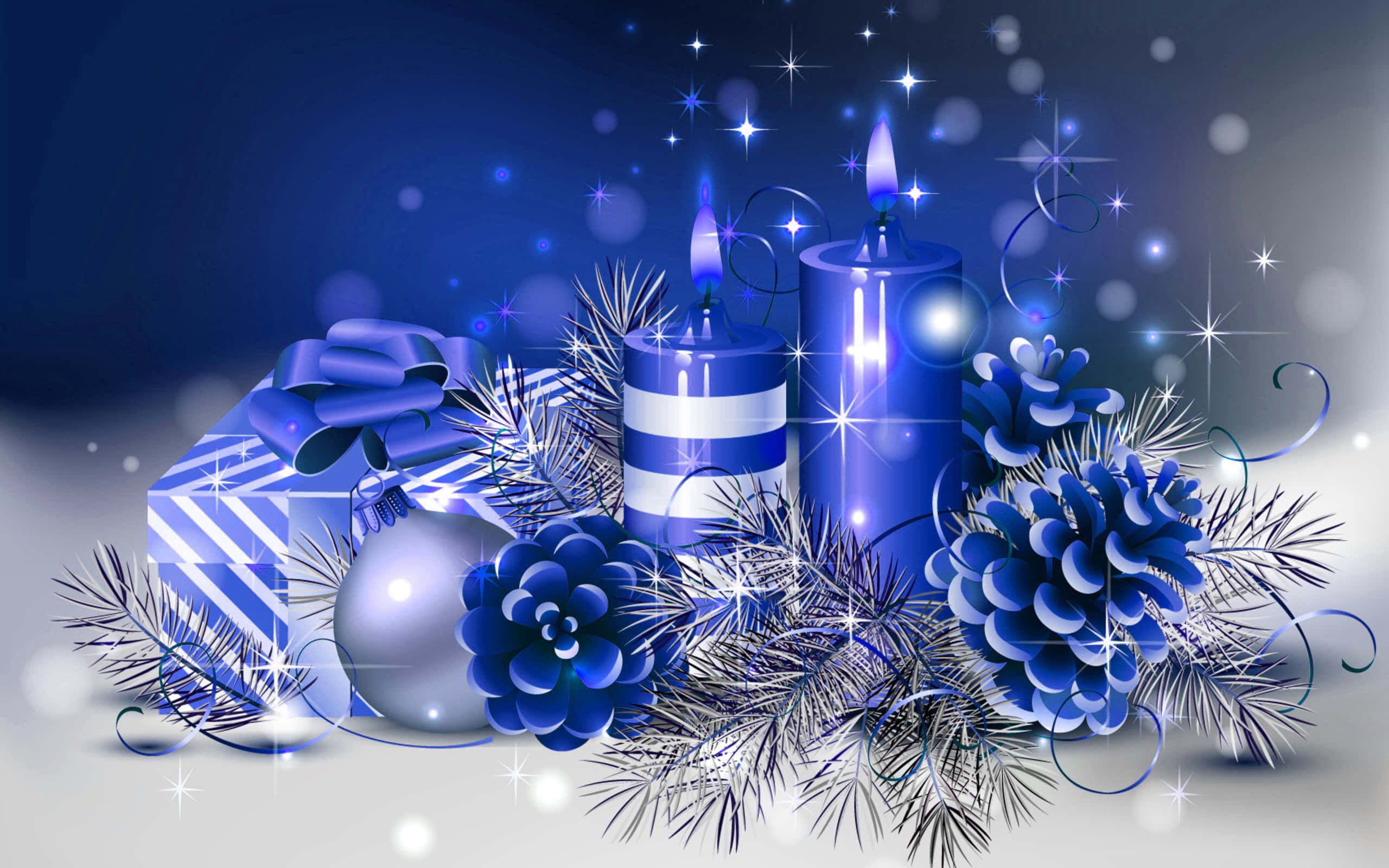 3D-juletræ med røde pynt og glødende snefnug i en festlig scene. Wallpapers