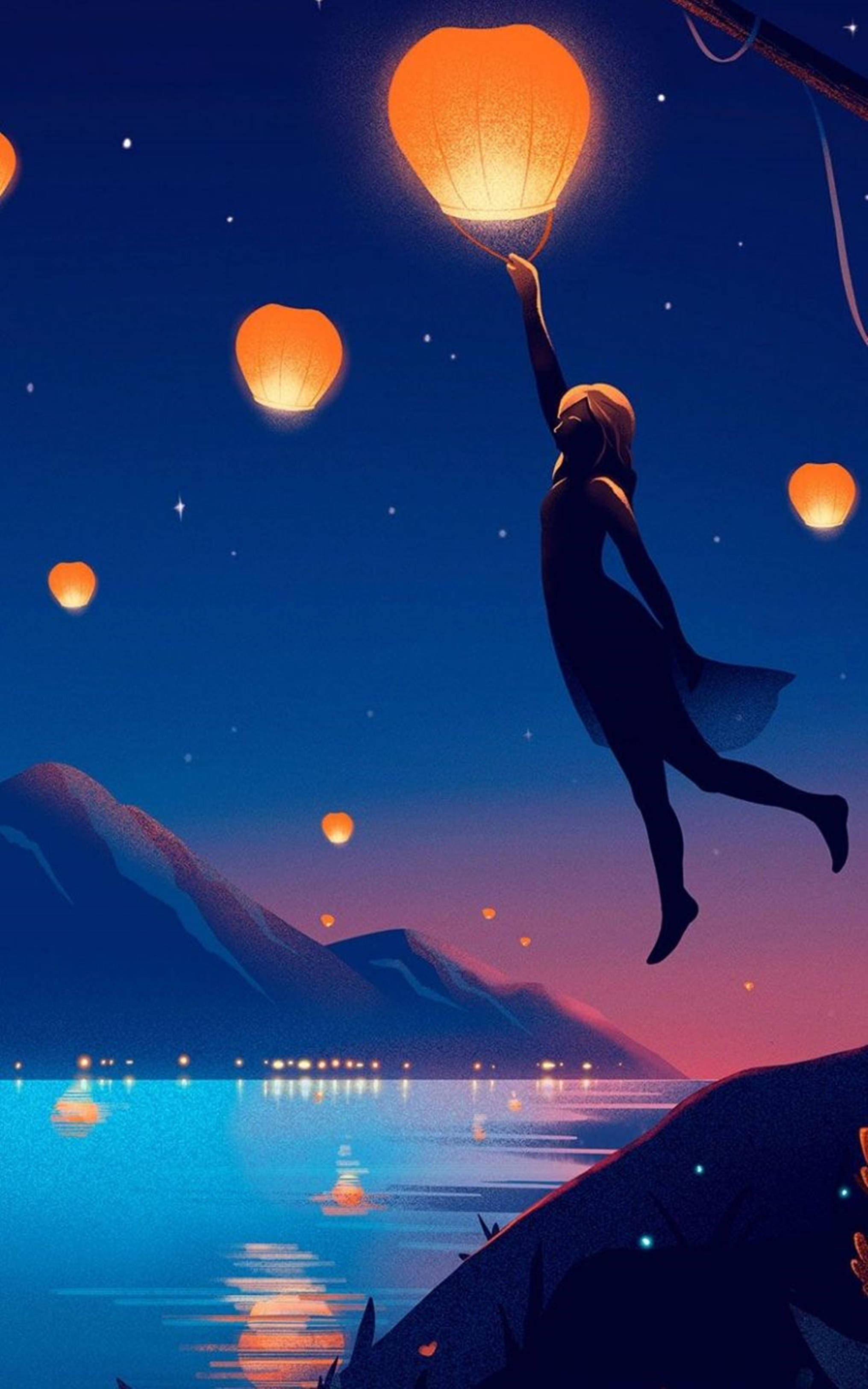 4K Anime iPhone-pige griber svævende lanterne Wallpapers