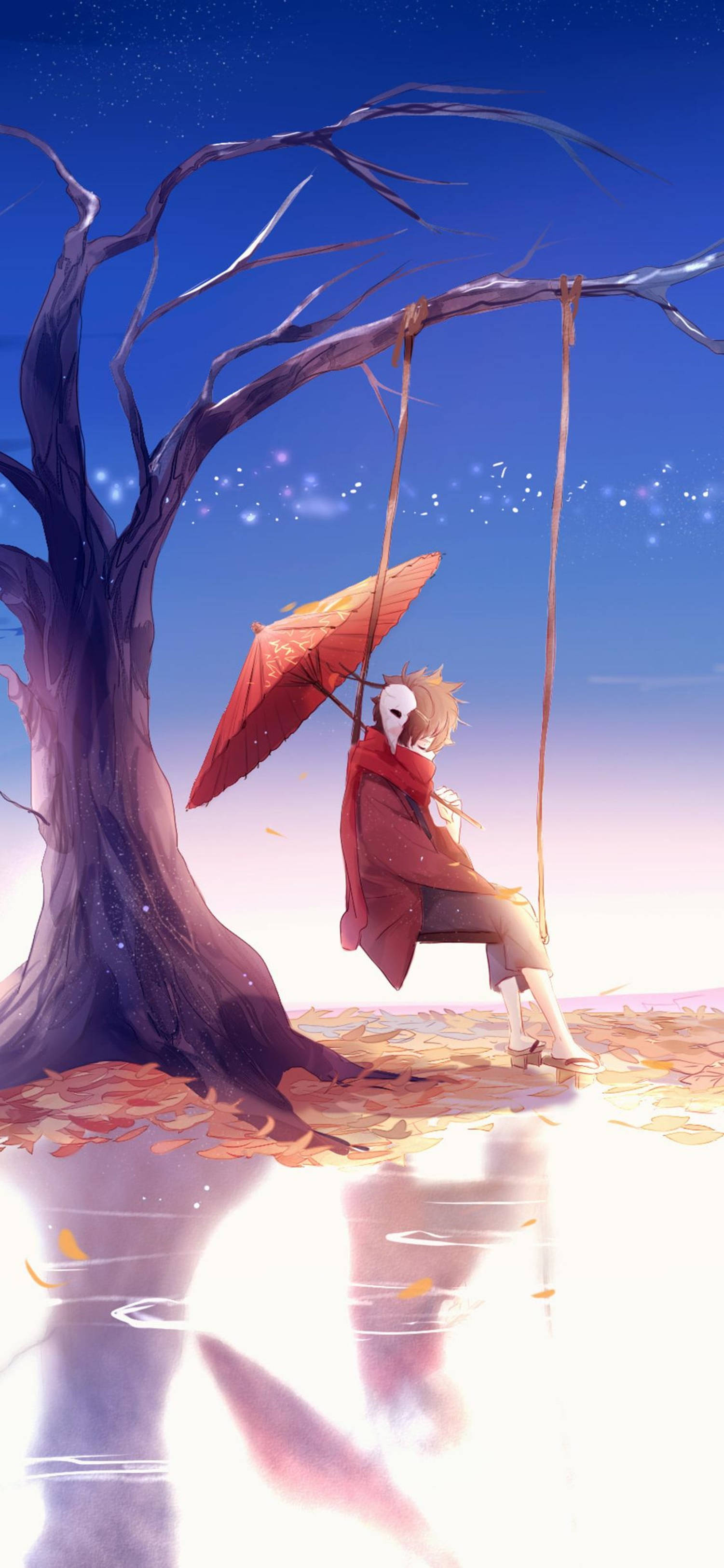 4K Anime iPhone Dreng i Gynge med Paraply Wallpapers