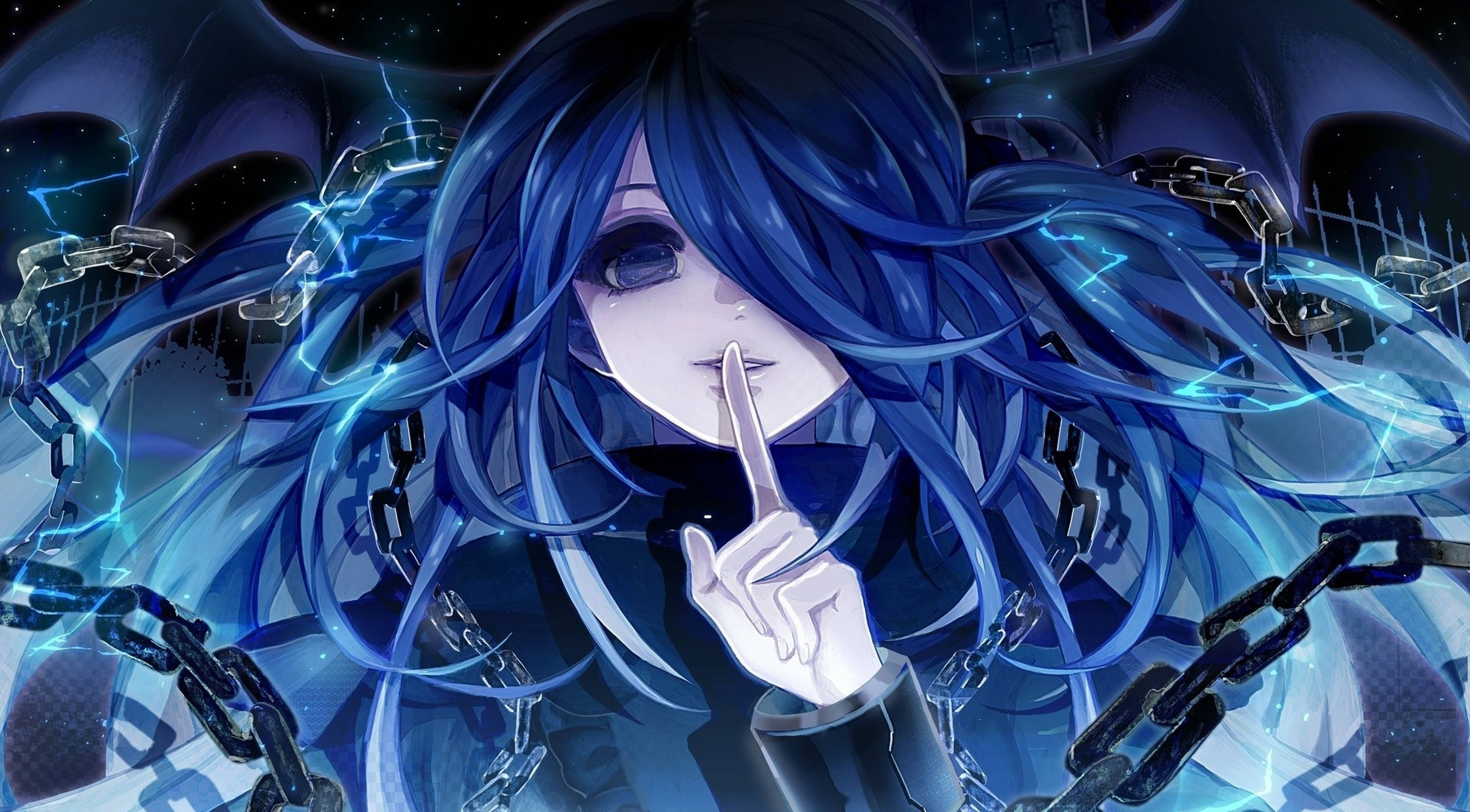 4K PFP Anime Pige med Blå Hår og Sorte Kæder Wallpapers