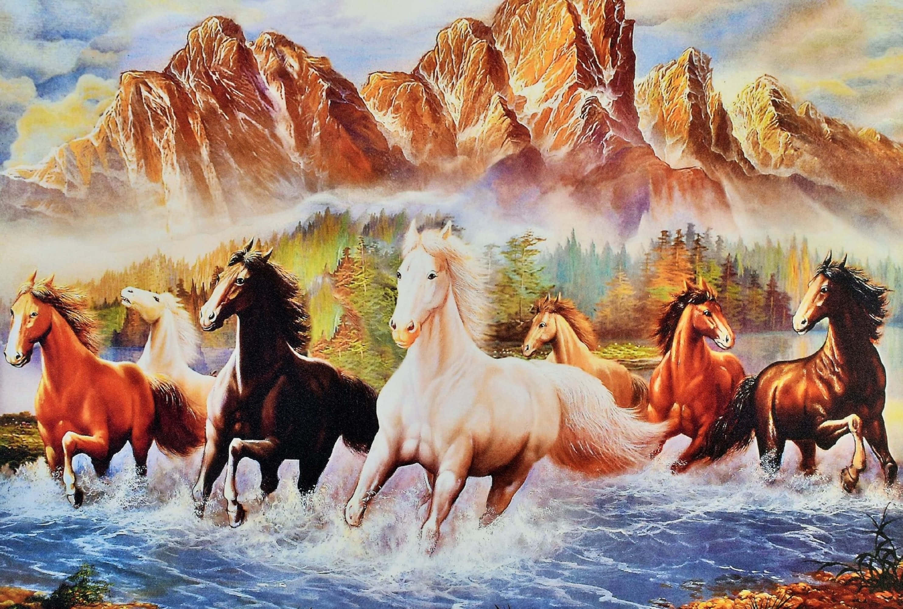 7 heste der går gennem en flod Wallpapers