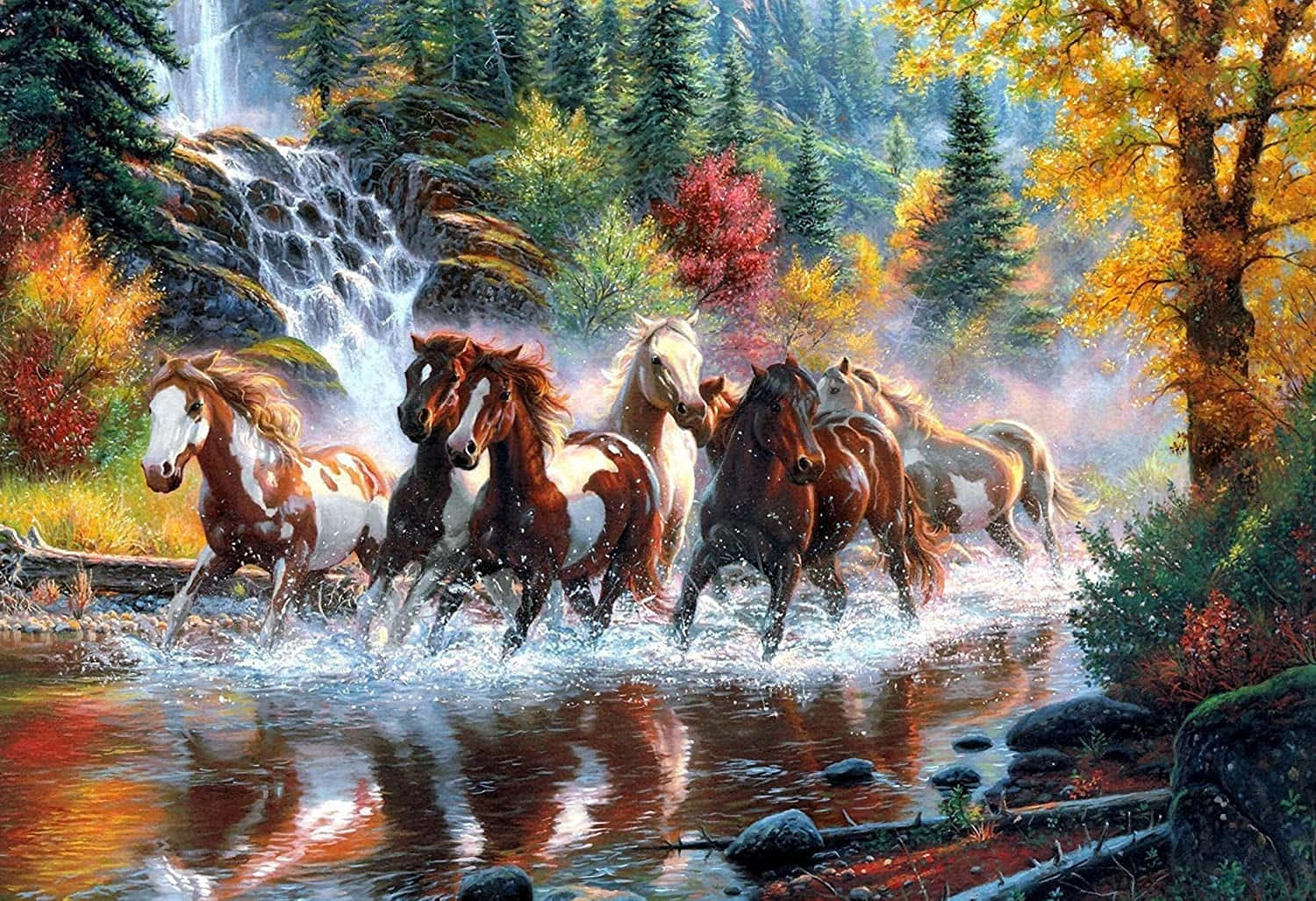 7 heste går gennem skovflod Wallpapers