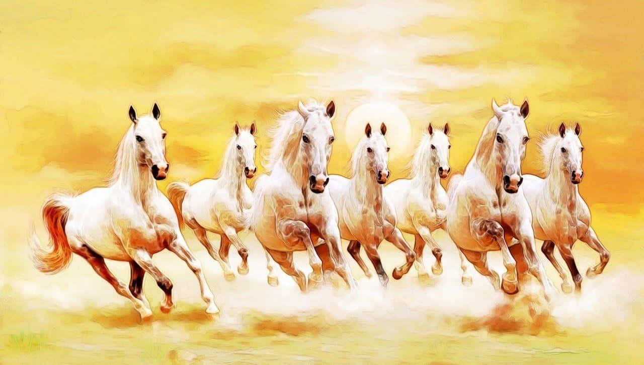 7 hvide heste gylden sol Wallpapers