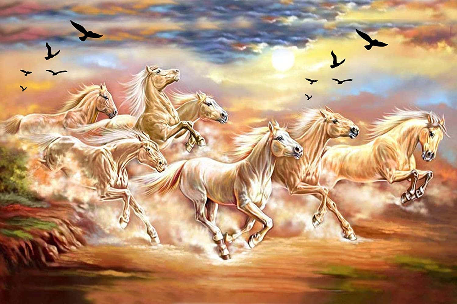 7 hvide heste med sorte fugle Wallpapers