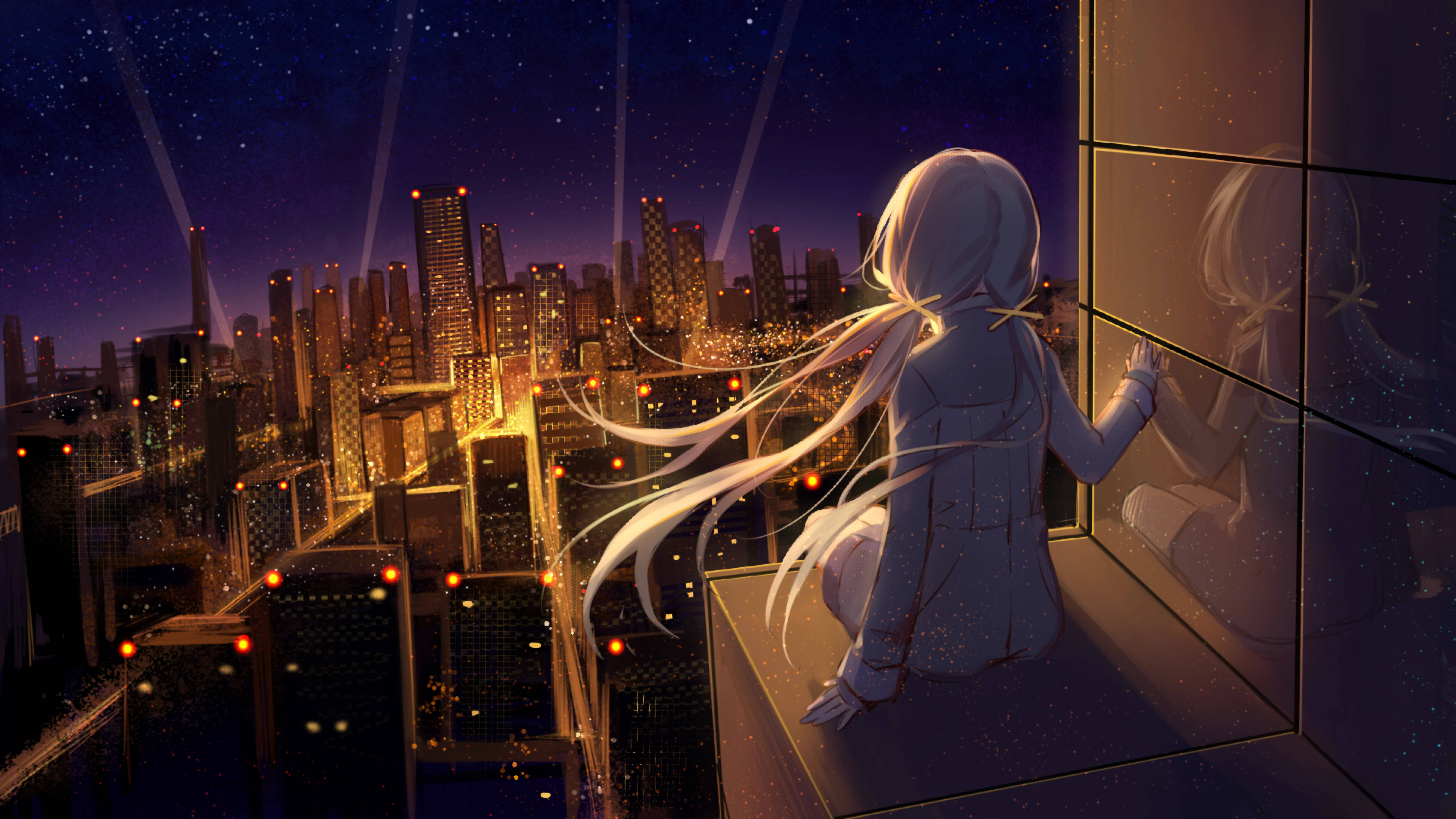 8K Animepige med udsigt over byen Wallpapers