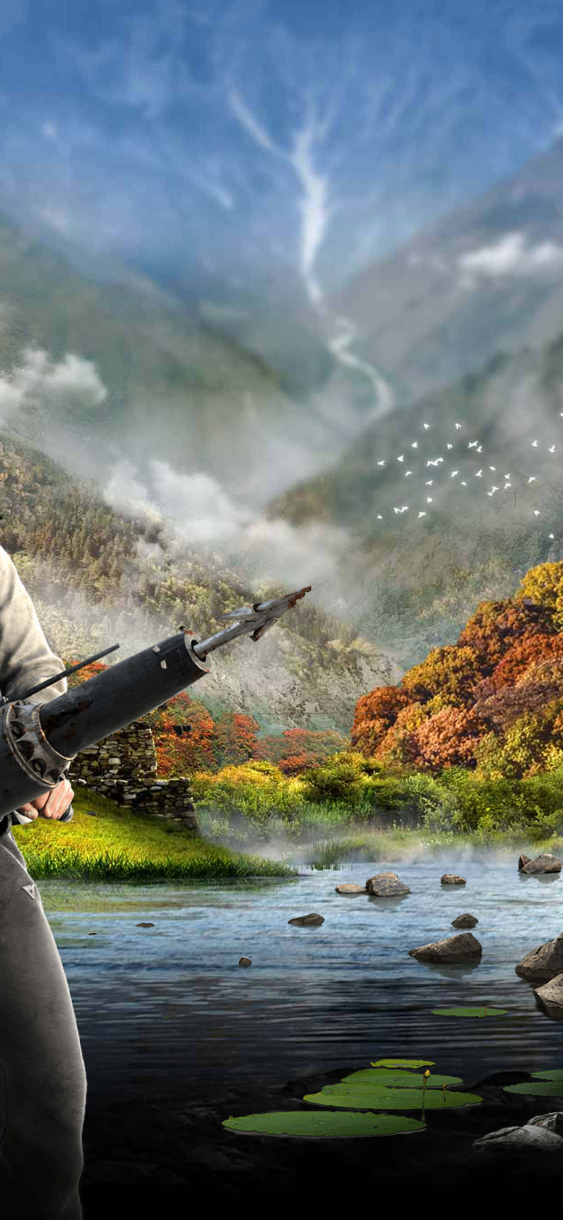 a man with a rifle is standing in front of a lake Wallpapers