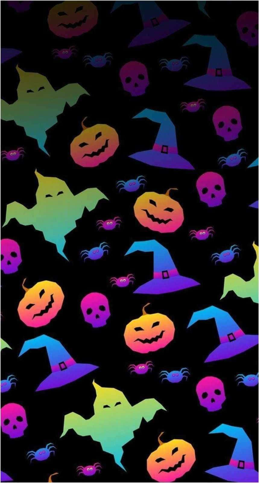 Æstetisk Halloween-baggrund med spøgelser, græskar og heksehatte Wallpapers