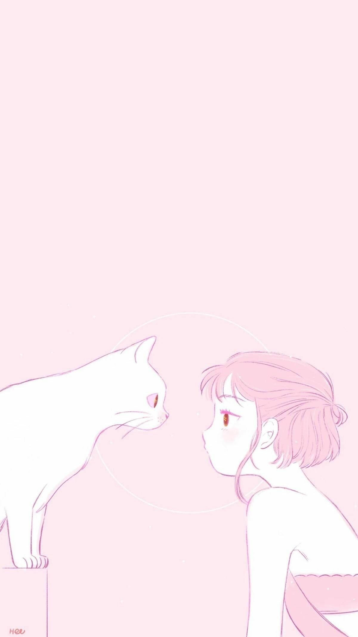 Æstetisk lyserød anime-kat og ejer Wallpapers