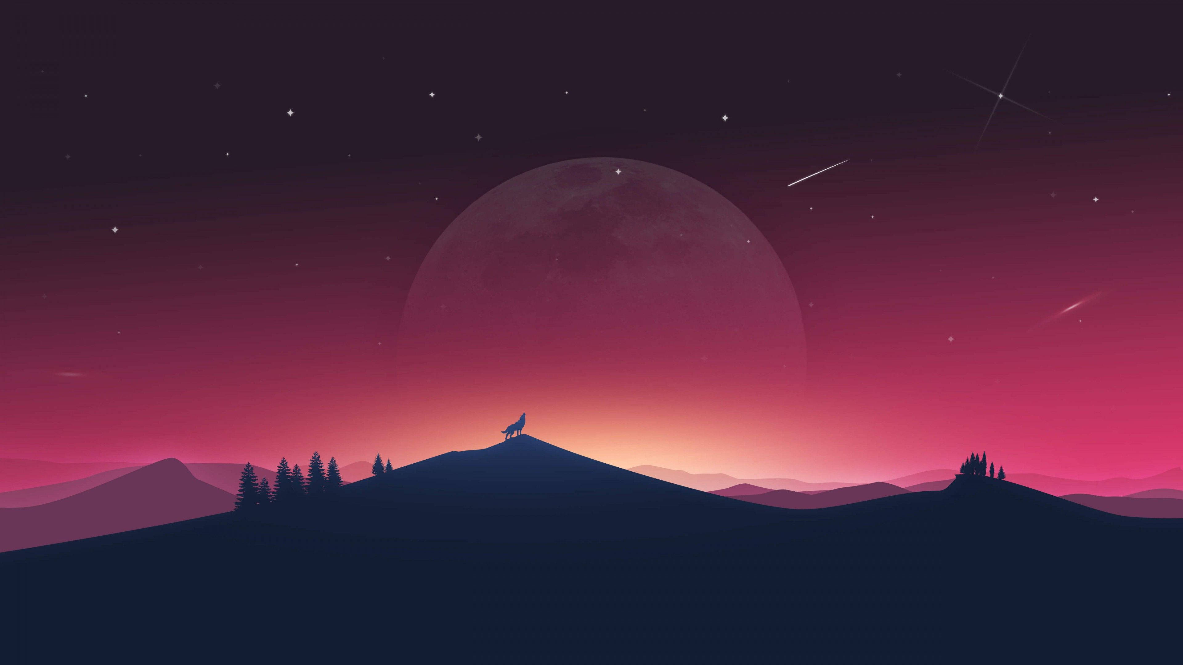 Æstetisk måne med en hylende ulv Wallpapers
