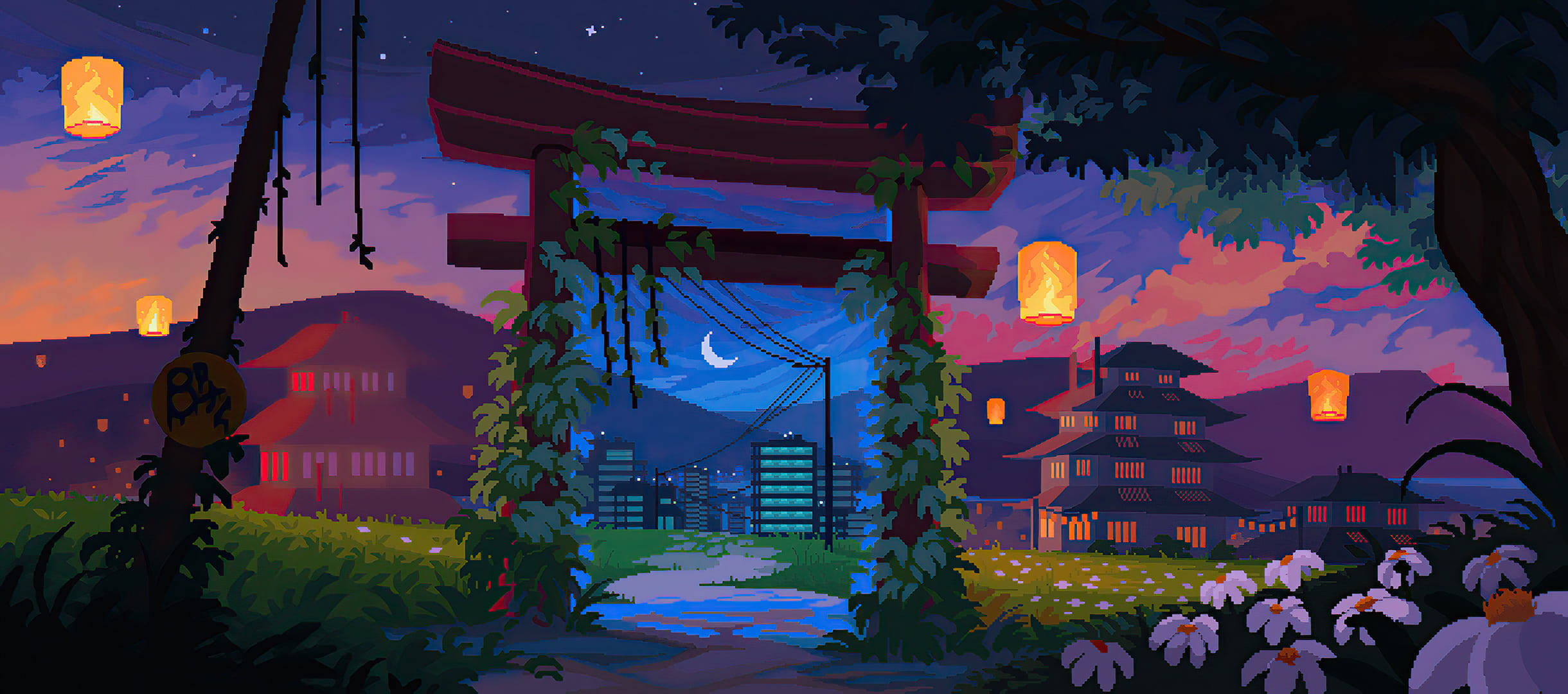 Æstetisk pixelkunst af japansk helligdom i by Wallpapers