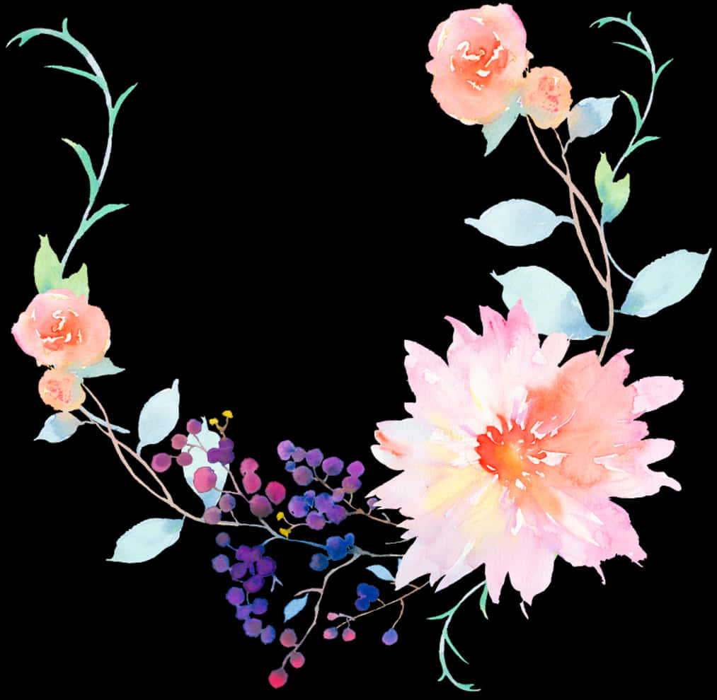 Akvarel blomsterarrangement på sort baggrund Wallpapers