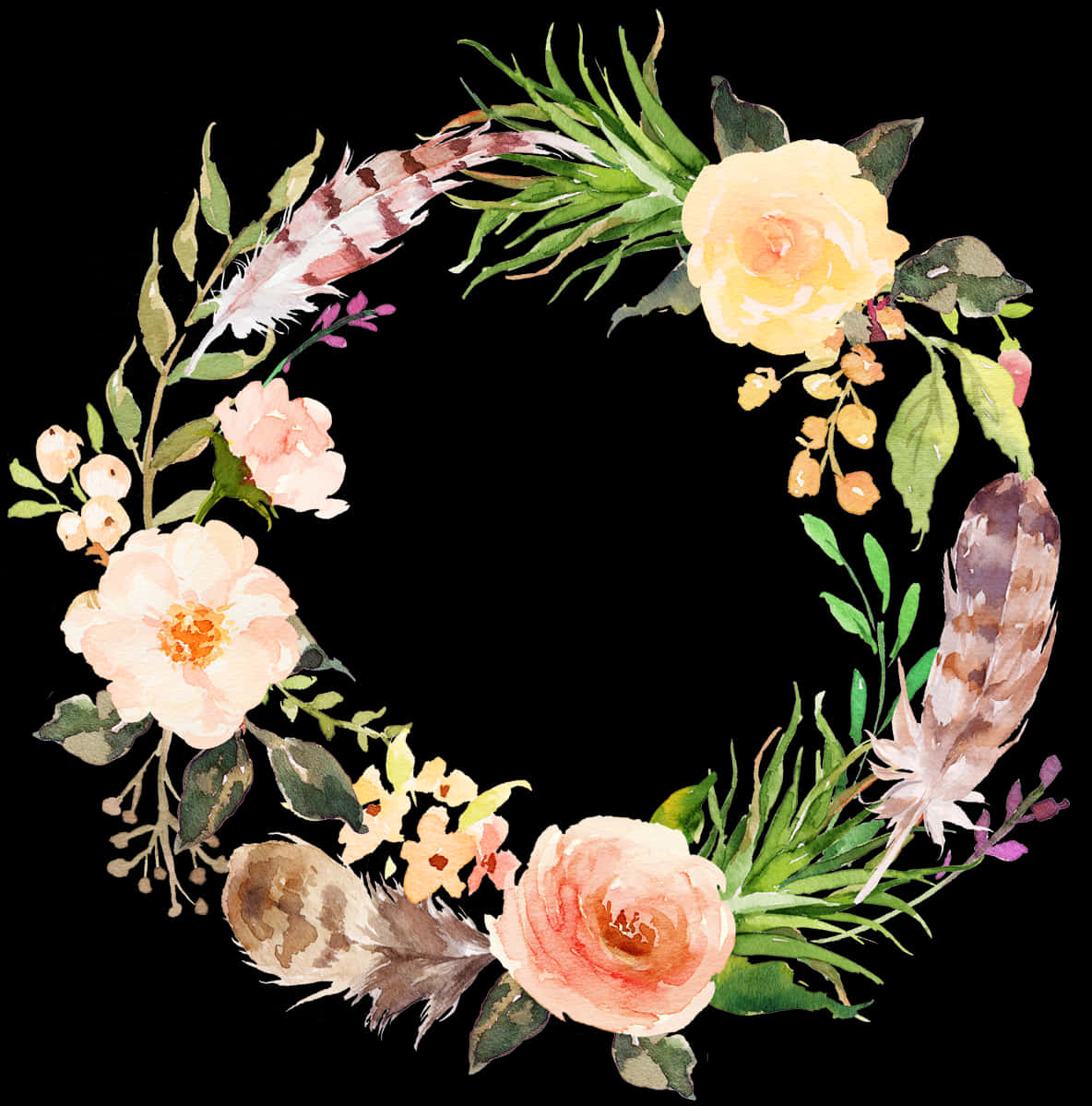 Akvarel_ Blomsterkrans_ med_ Fjer Wallpapers