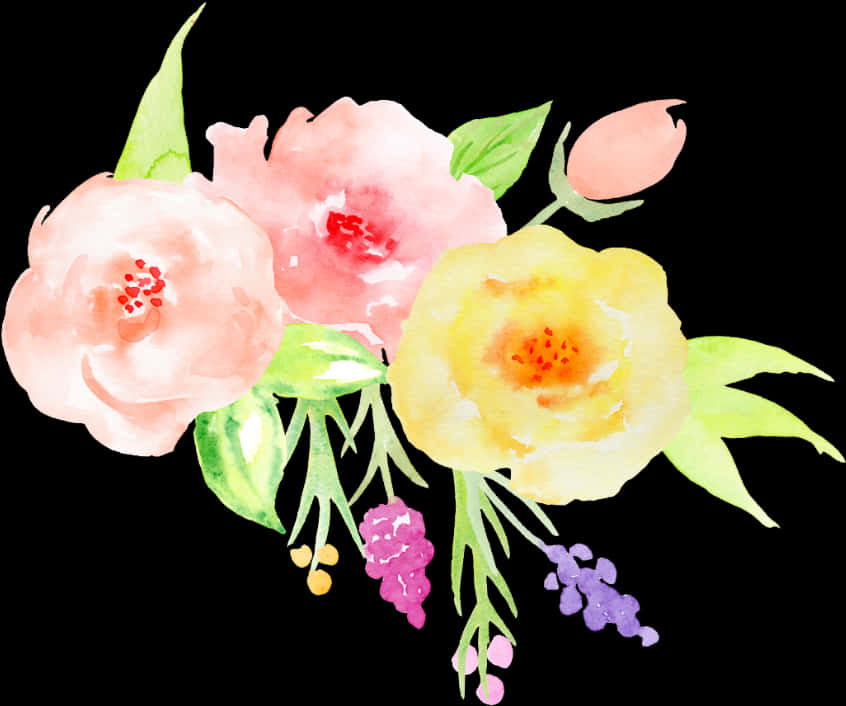 Akvarel med lyserøde og gule blomster Wallpapers