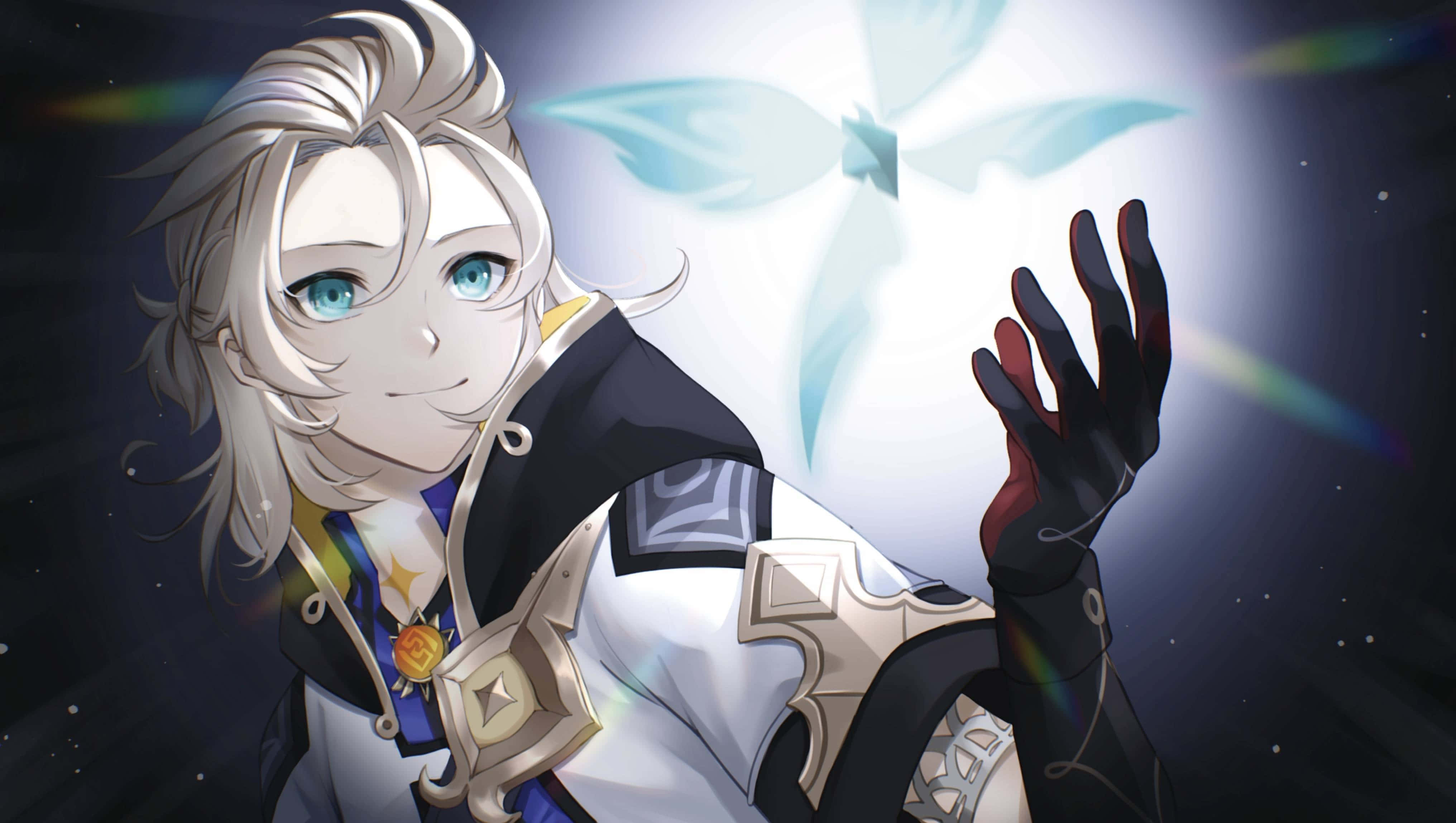 Albedo Genshin Impact ser på en blå blomst Wallpapers
