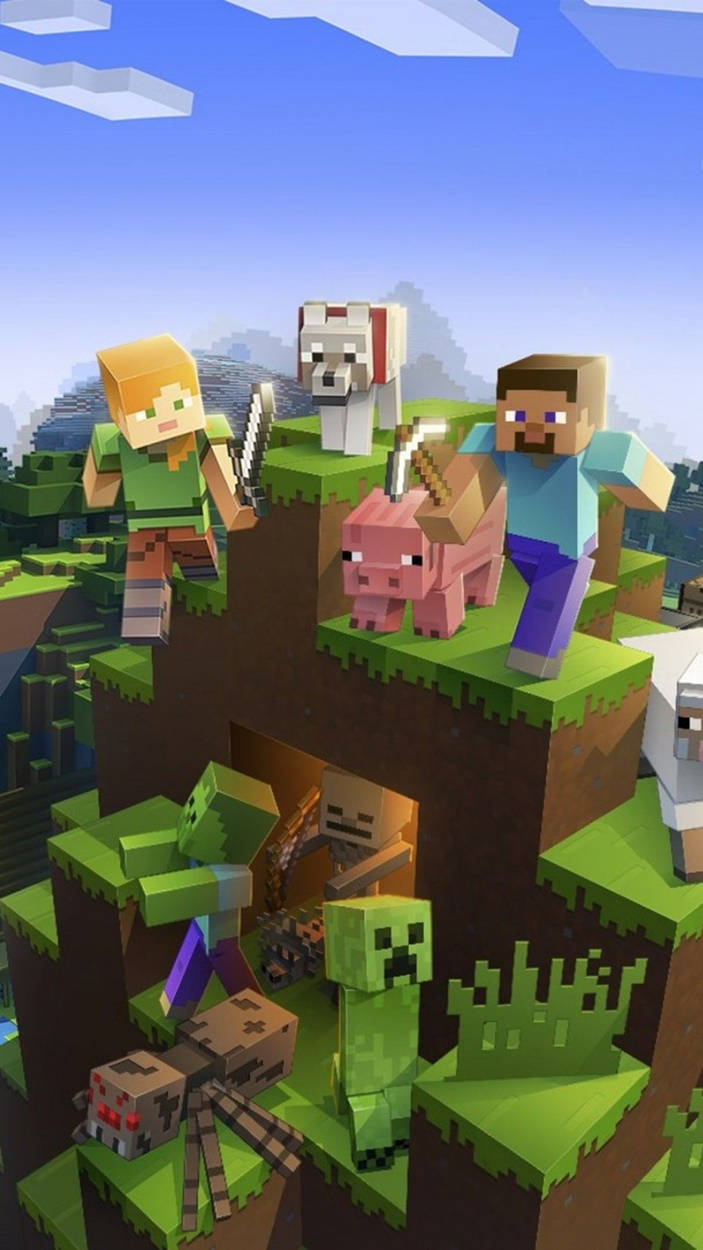 Alex og Steve med dyremobs Minecraft iPhone Wallpapers