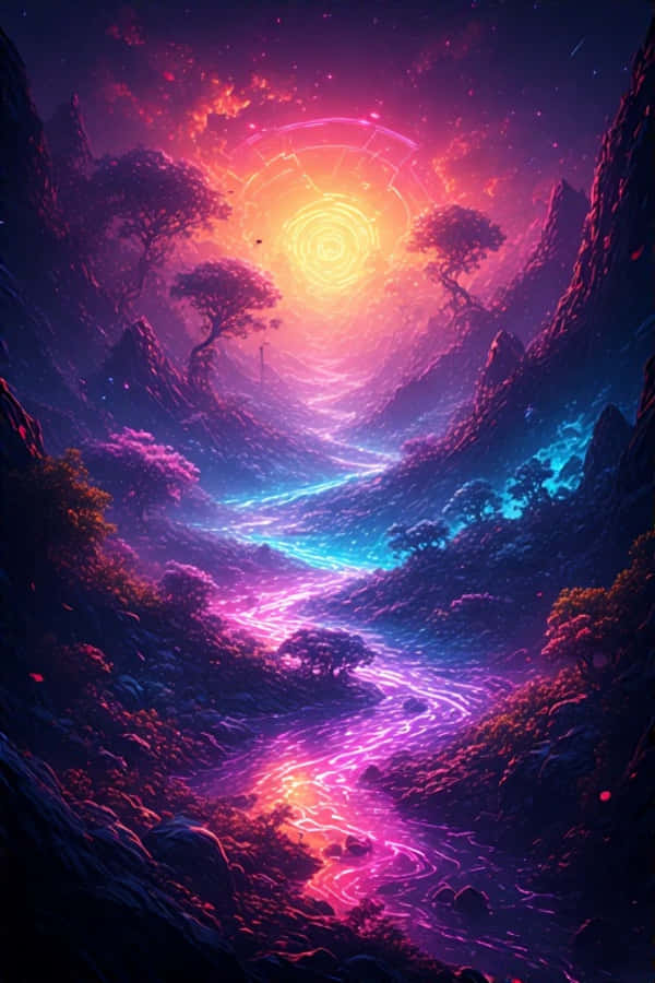 Åndeløst neonlandskab med levende farver 4K Wallpapers