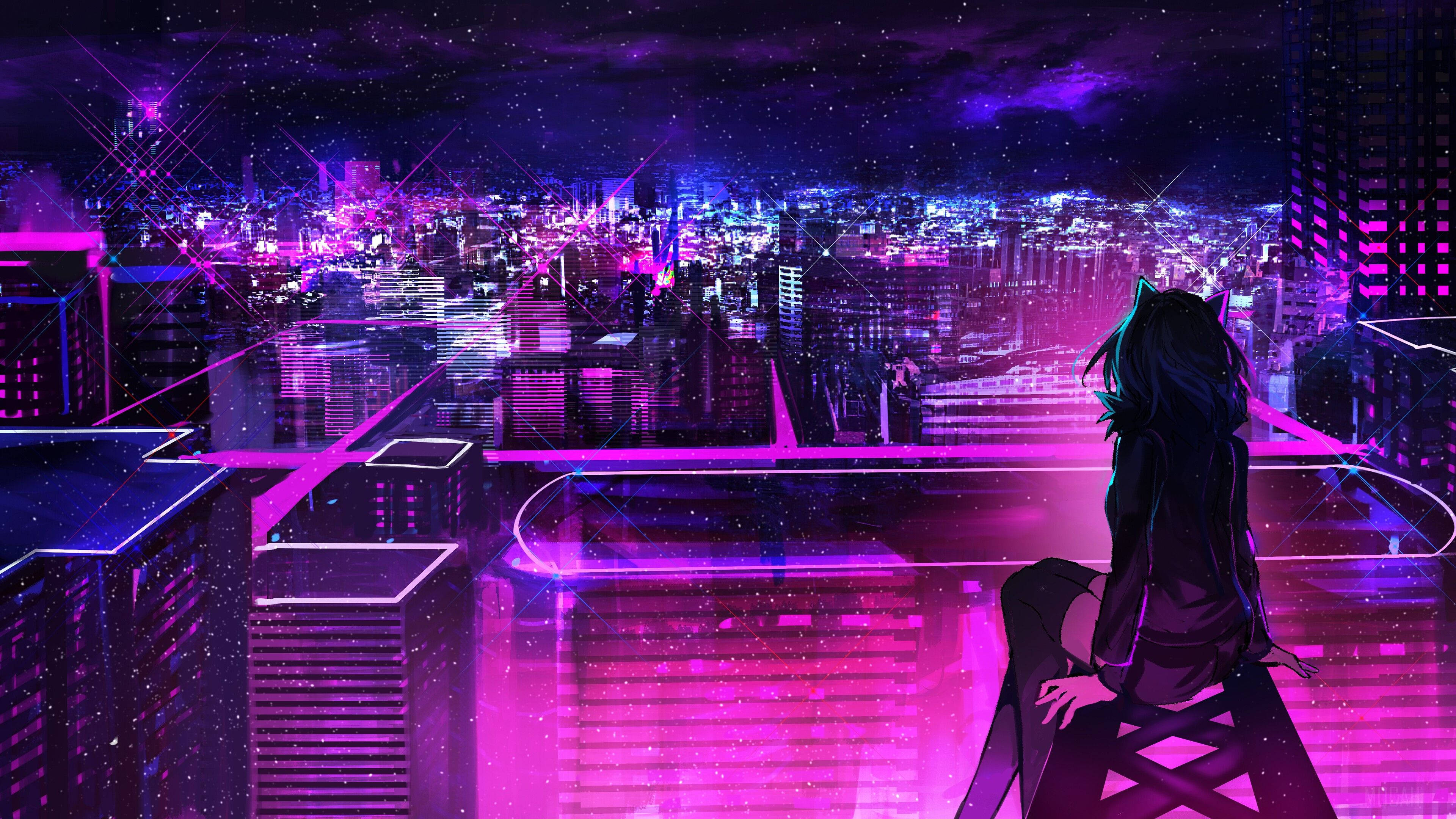 Animation Anime Pige Neon Lilla By Wallpapers