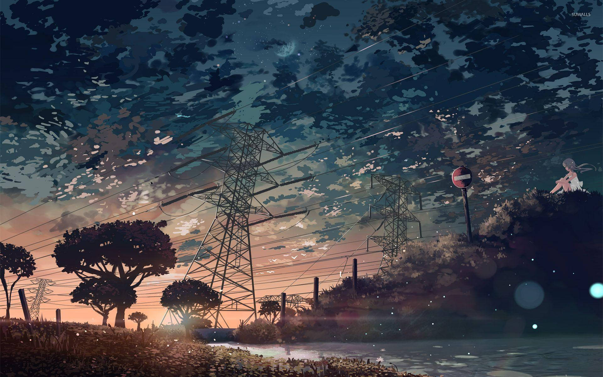 Anime æstetik solnedgang med elledninger Wallpapers