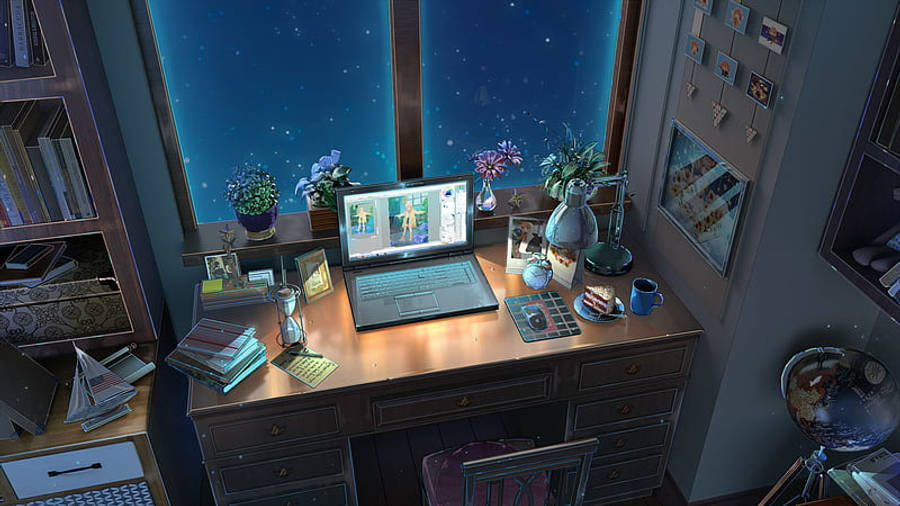 Anime bærbar computer tændt ved vinduet Wallpapers