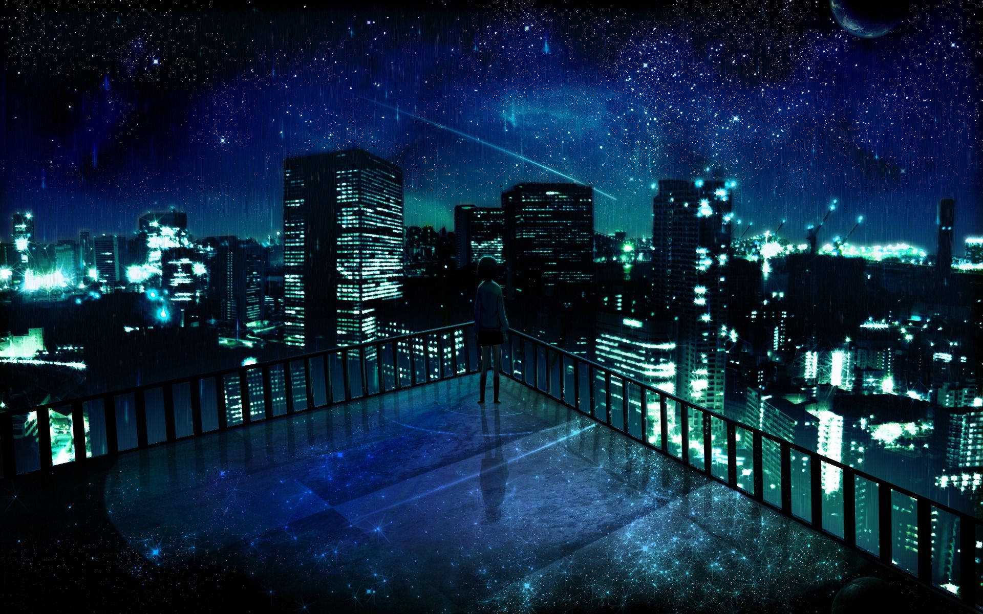Anime blå pige på taget Wallpapers