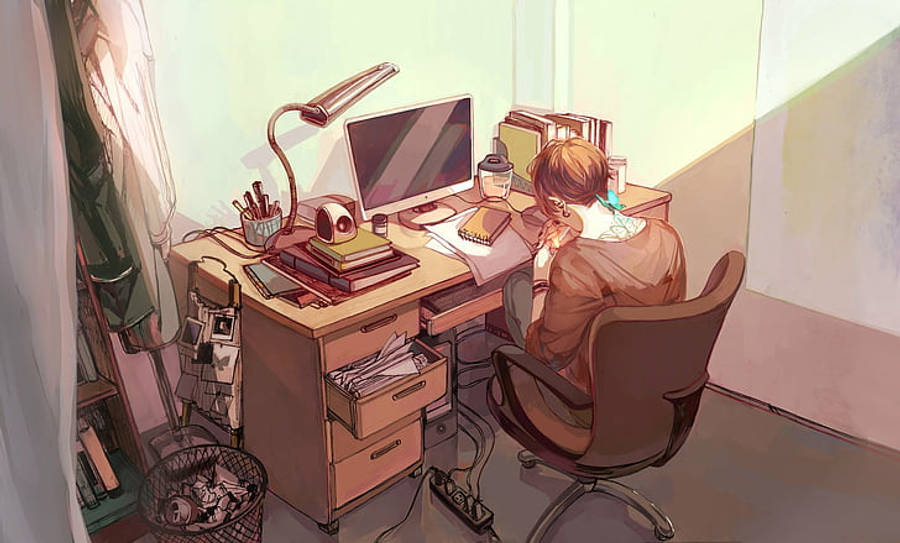 Anime-fyr ved laptop-workstation set bagfra Wallpapers