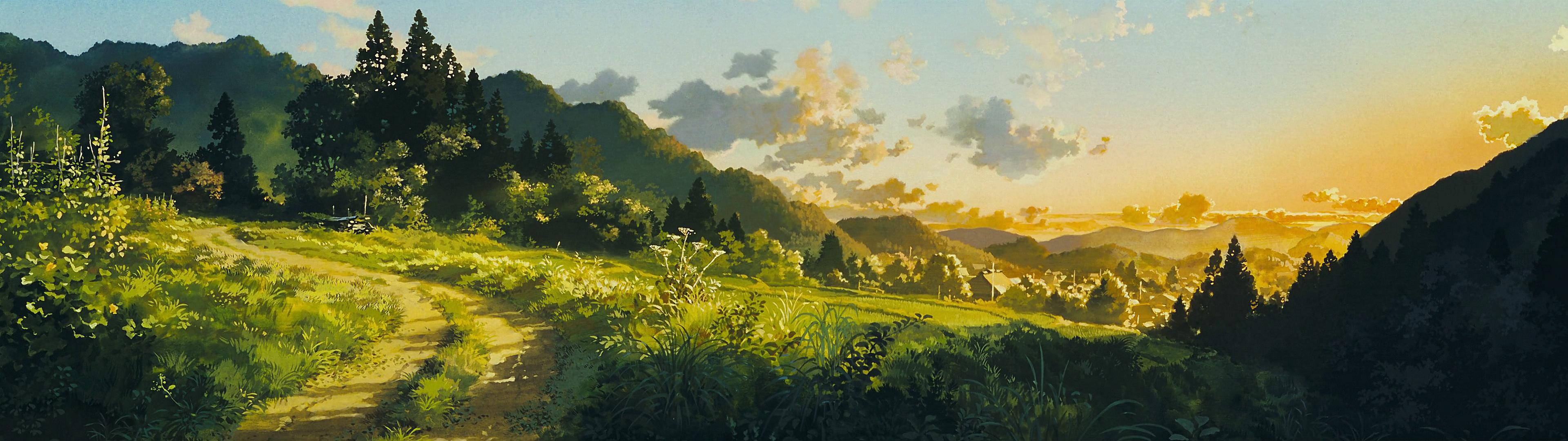 Anime-inspireret grønt landskab, perfekt til dobbeltskærmsbaggrund Wallpapers