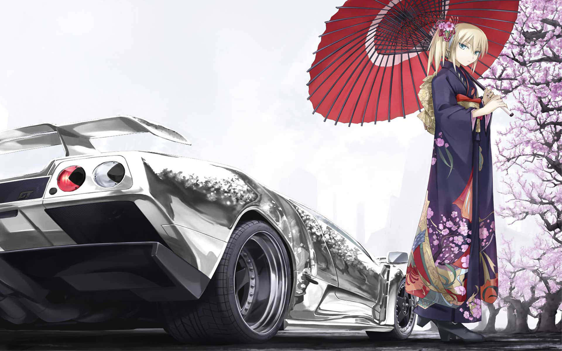 Anime-inspireret illustration af en klassisk bil Wallpapers