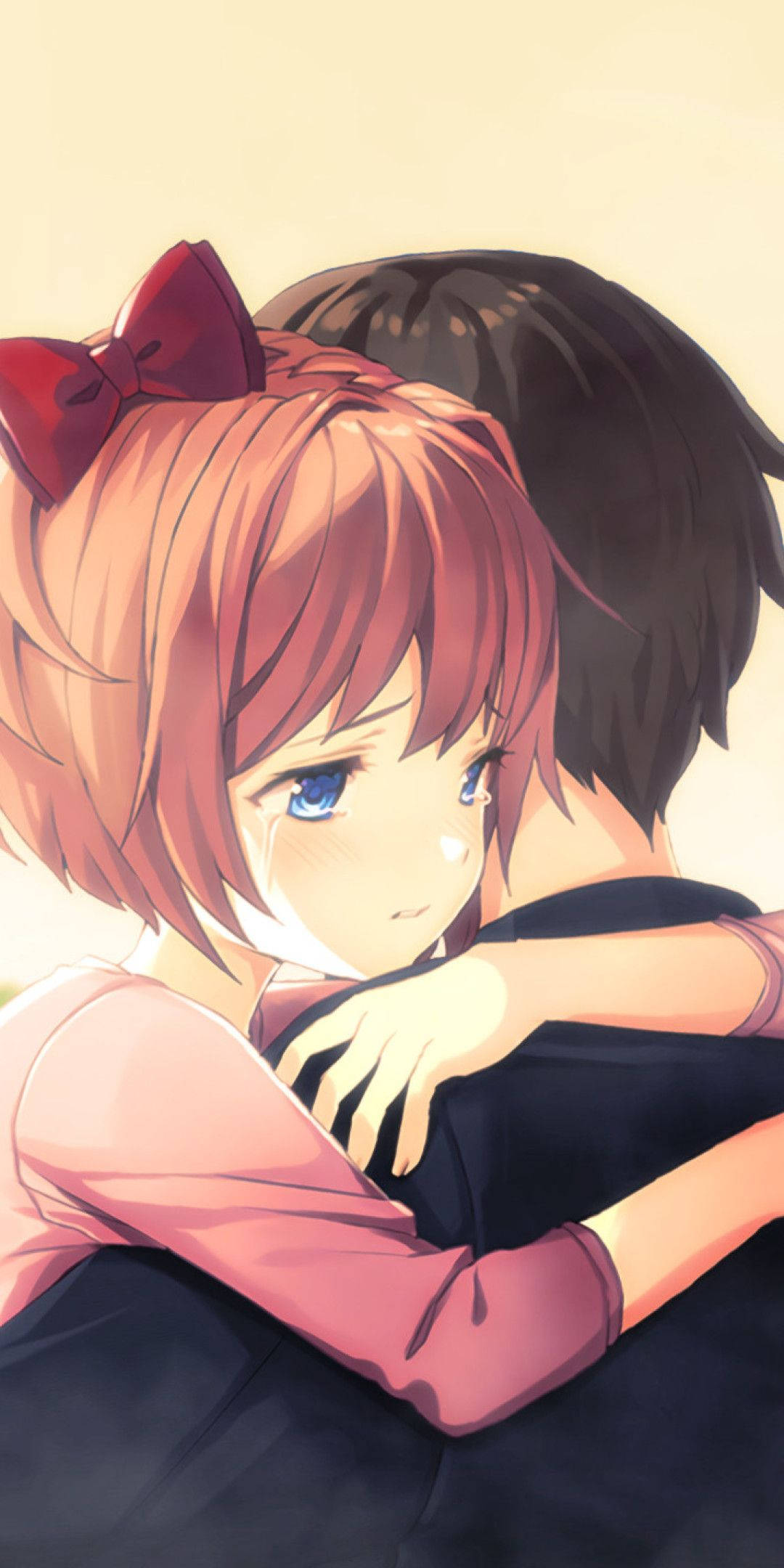 Anime Kærestepar Krammer Rødt Bånd Wallpapers