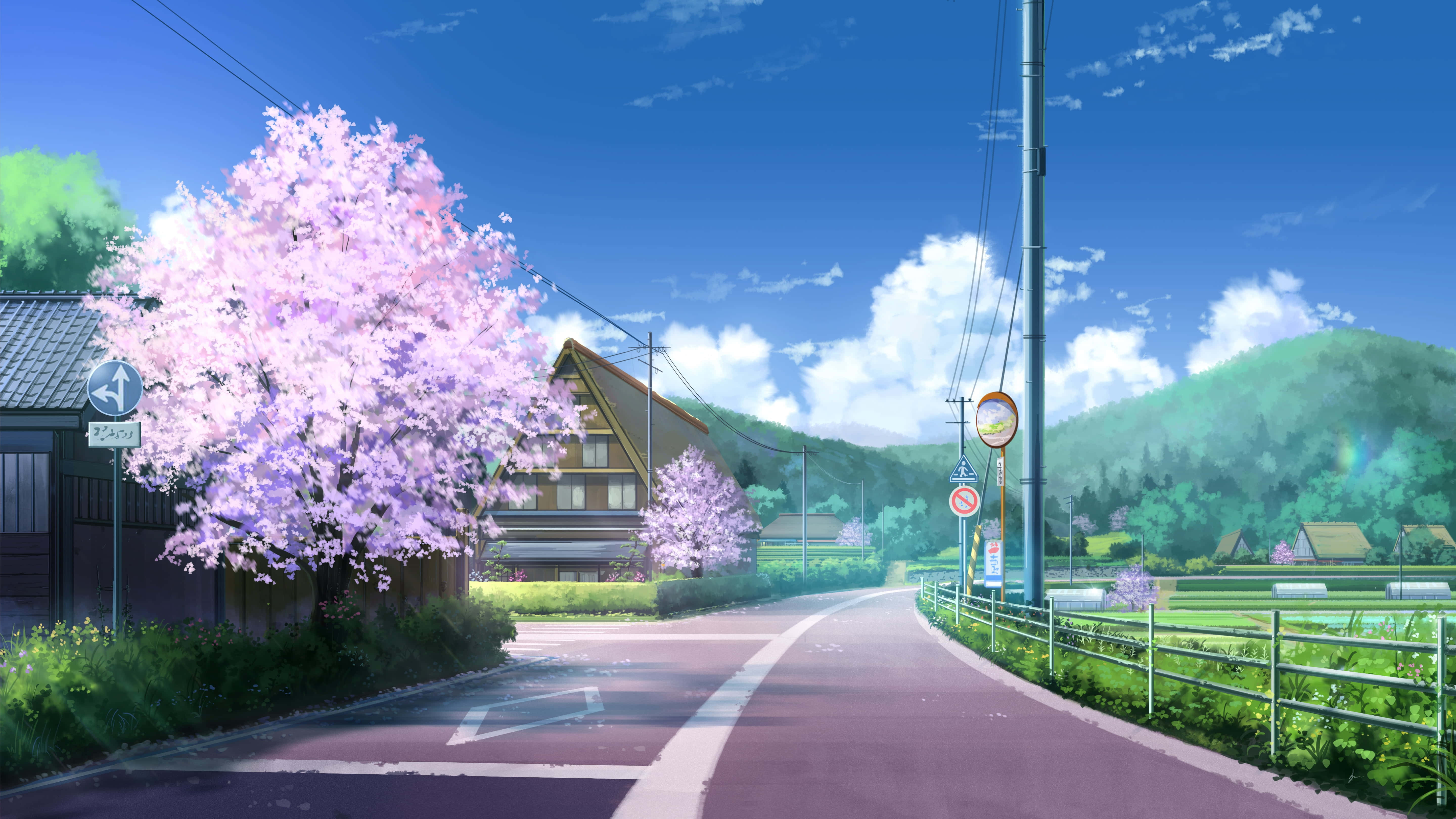 Anime Kirsebærblomst Hus Gade Baggrund Wallpapers