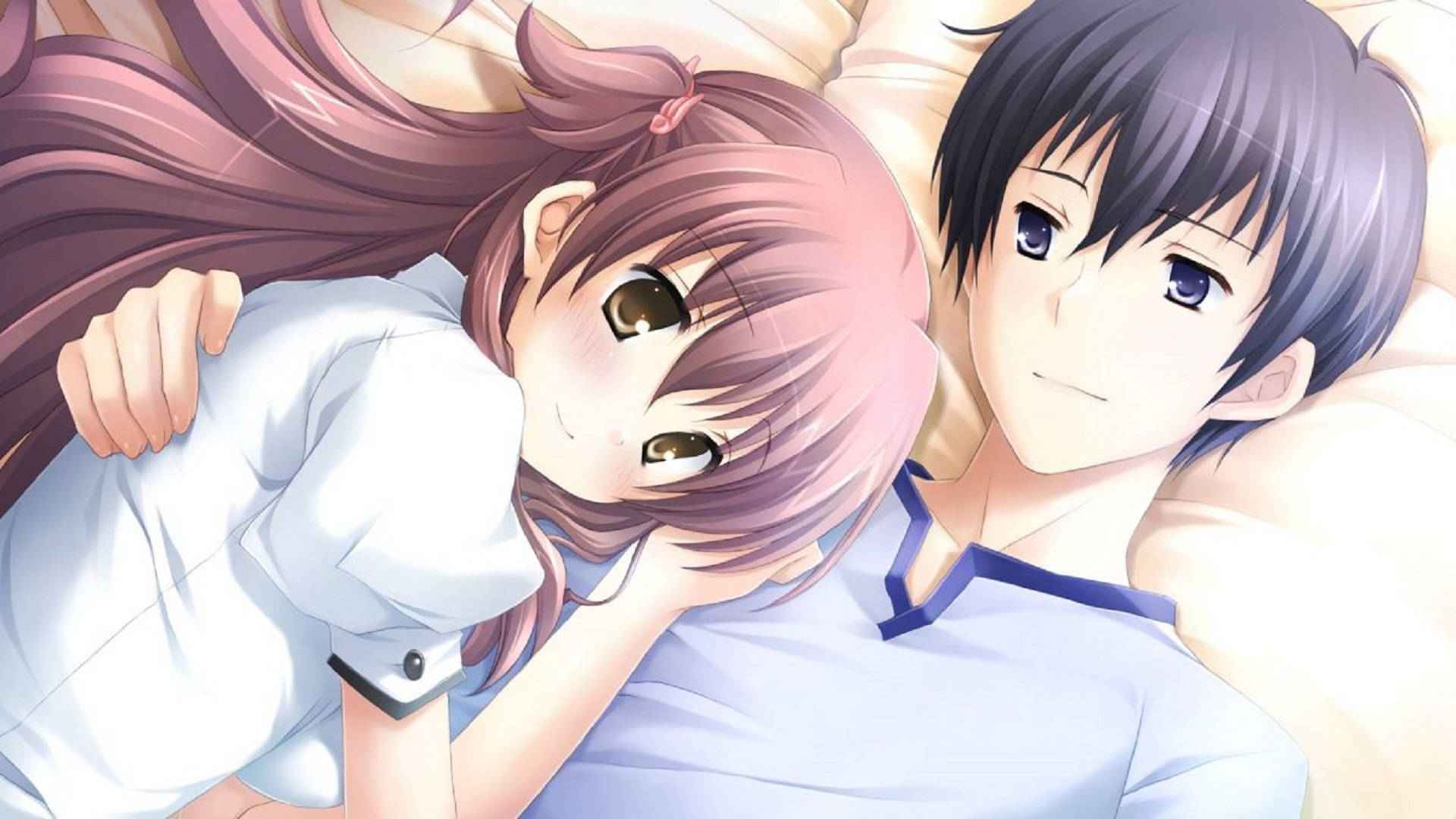 Anime knus dreng og pige i seng Wallpapers
