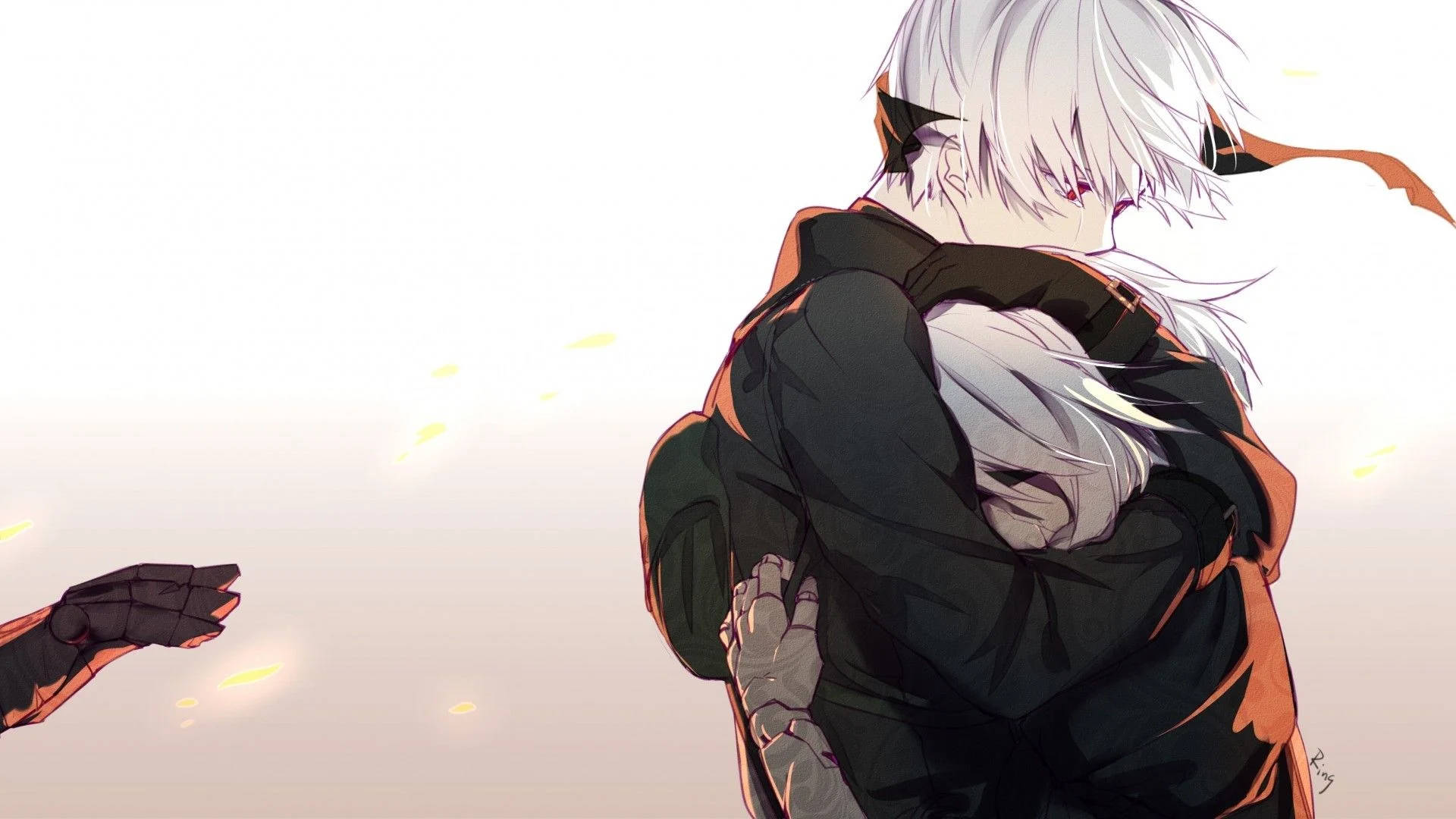 Anime-krammende par med hvidt hår Wallpapers