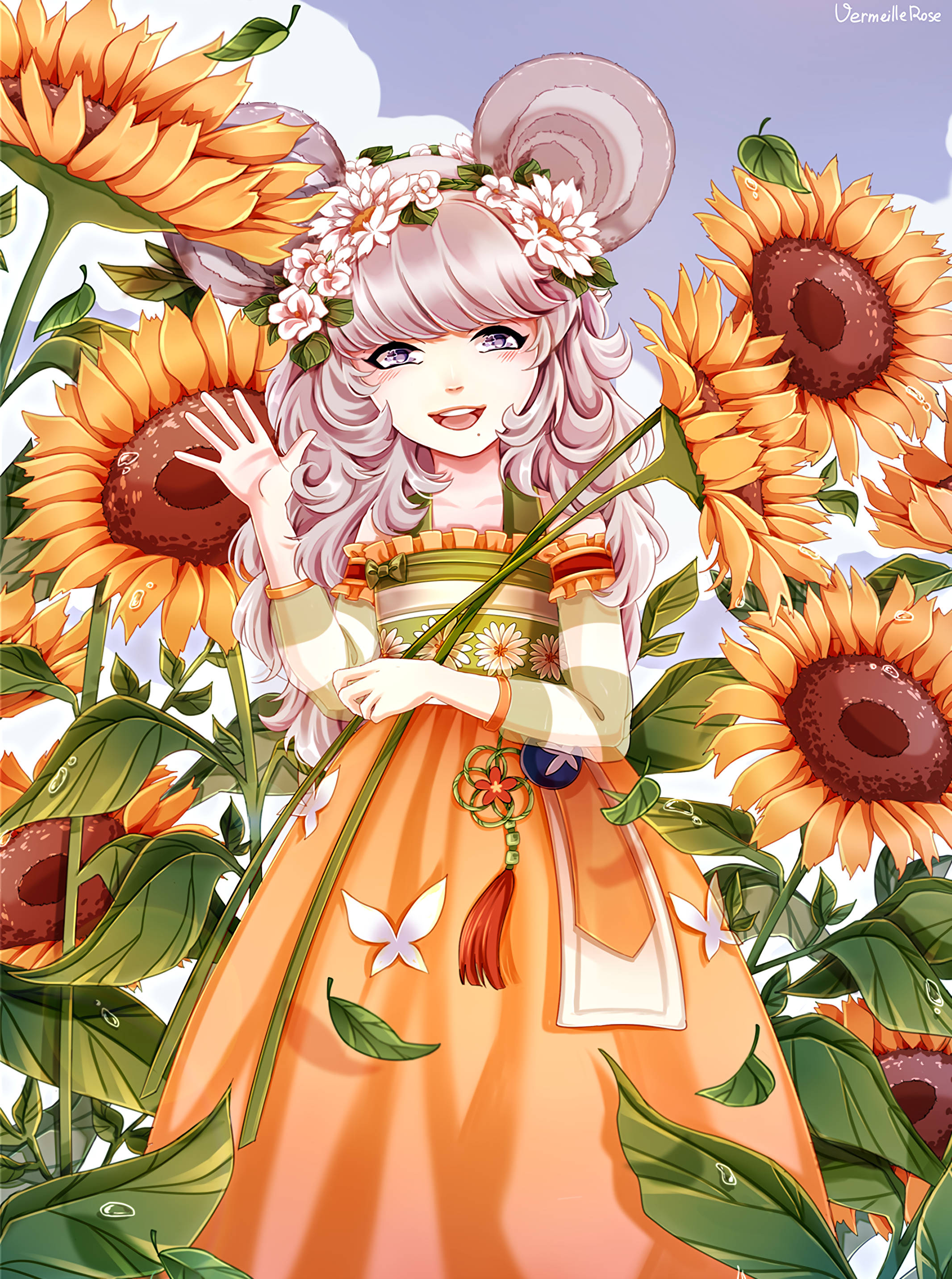 Anime kunst pige solsikkemark Wallpapers