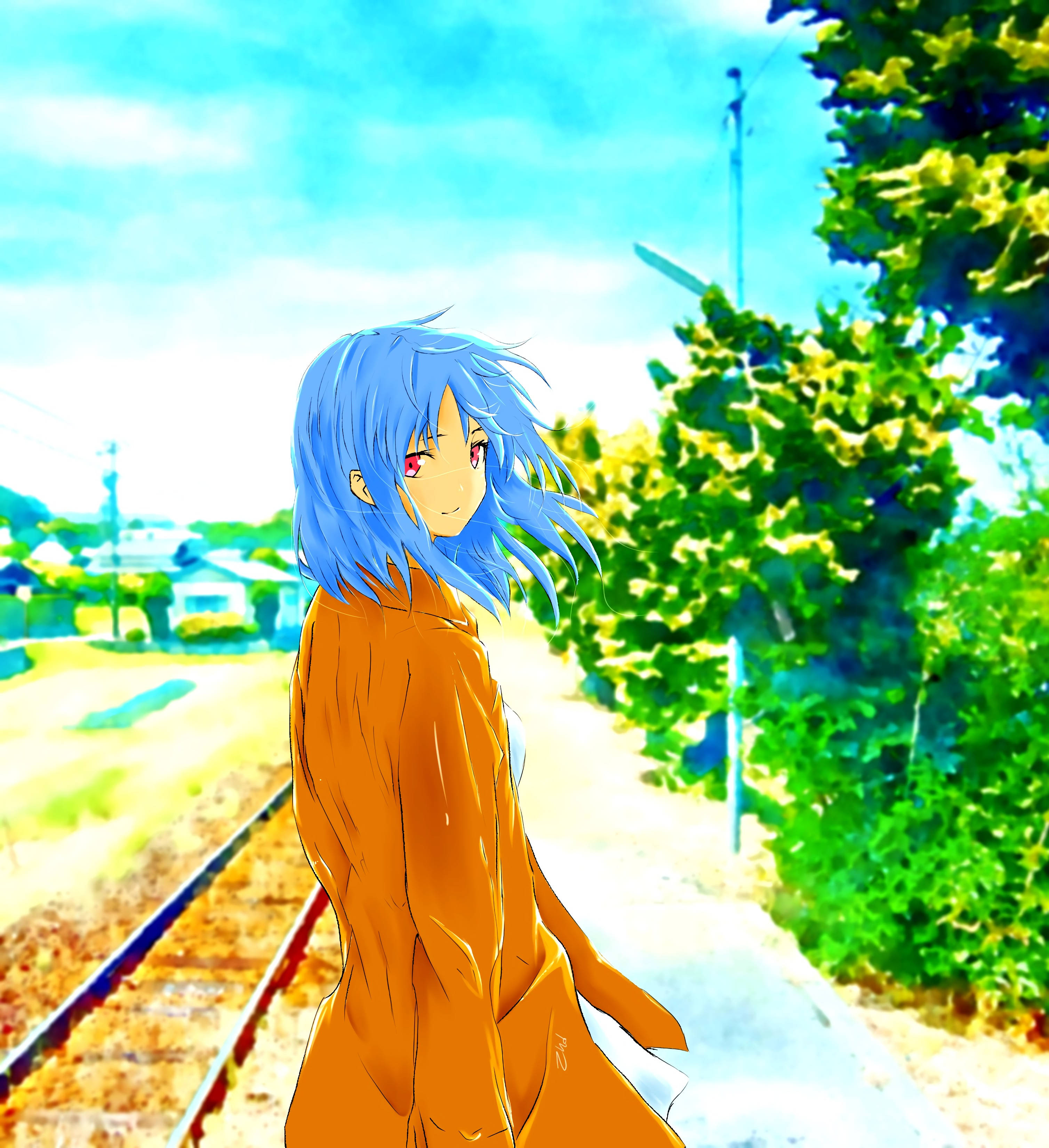 Anime kunst pige nær jernbane Wallpapers