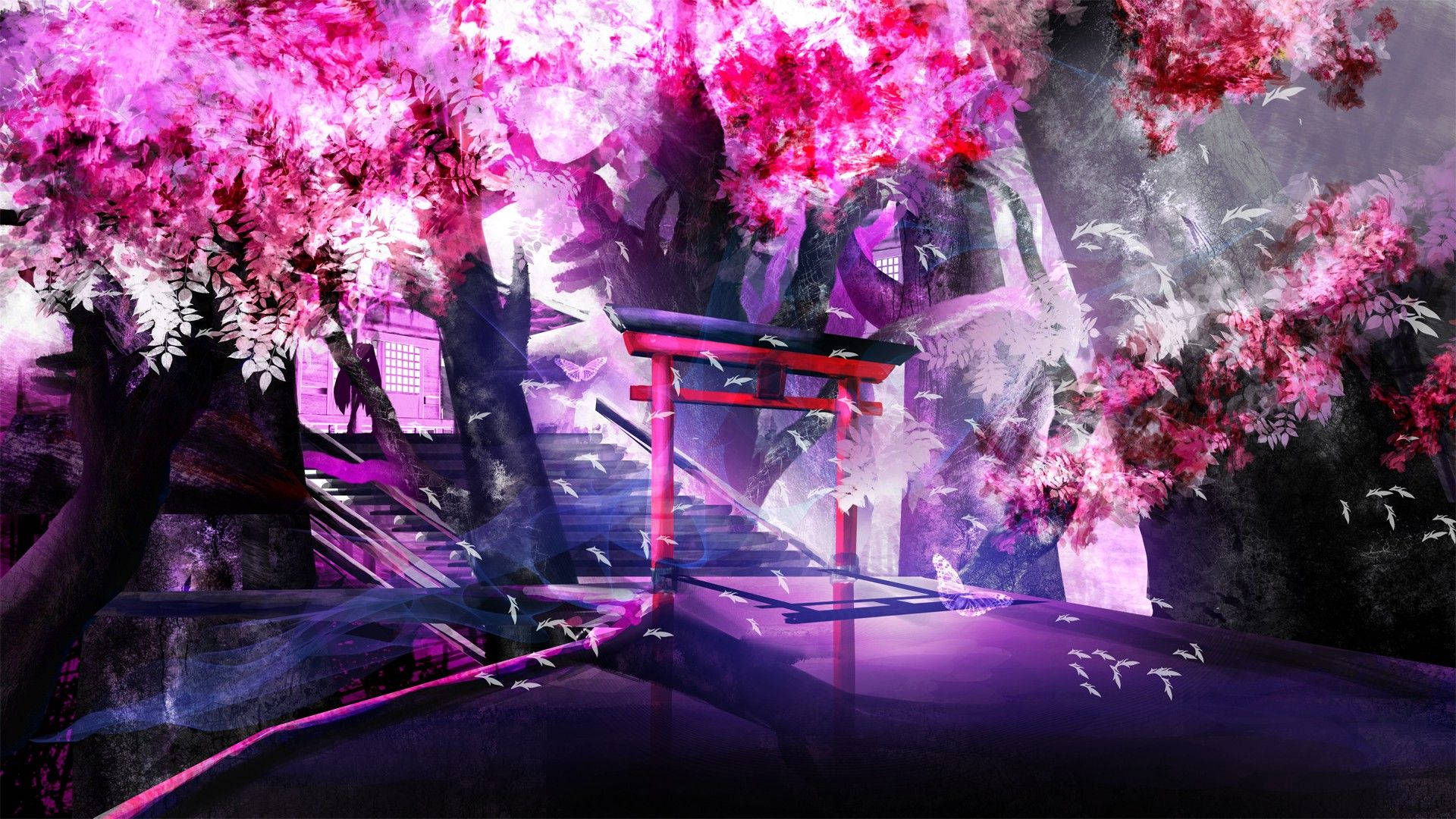 Anime landskab med kirsebærtræer Wallpapers
