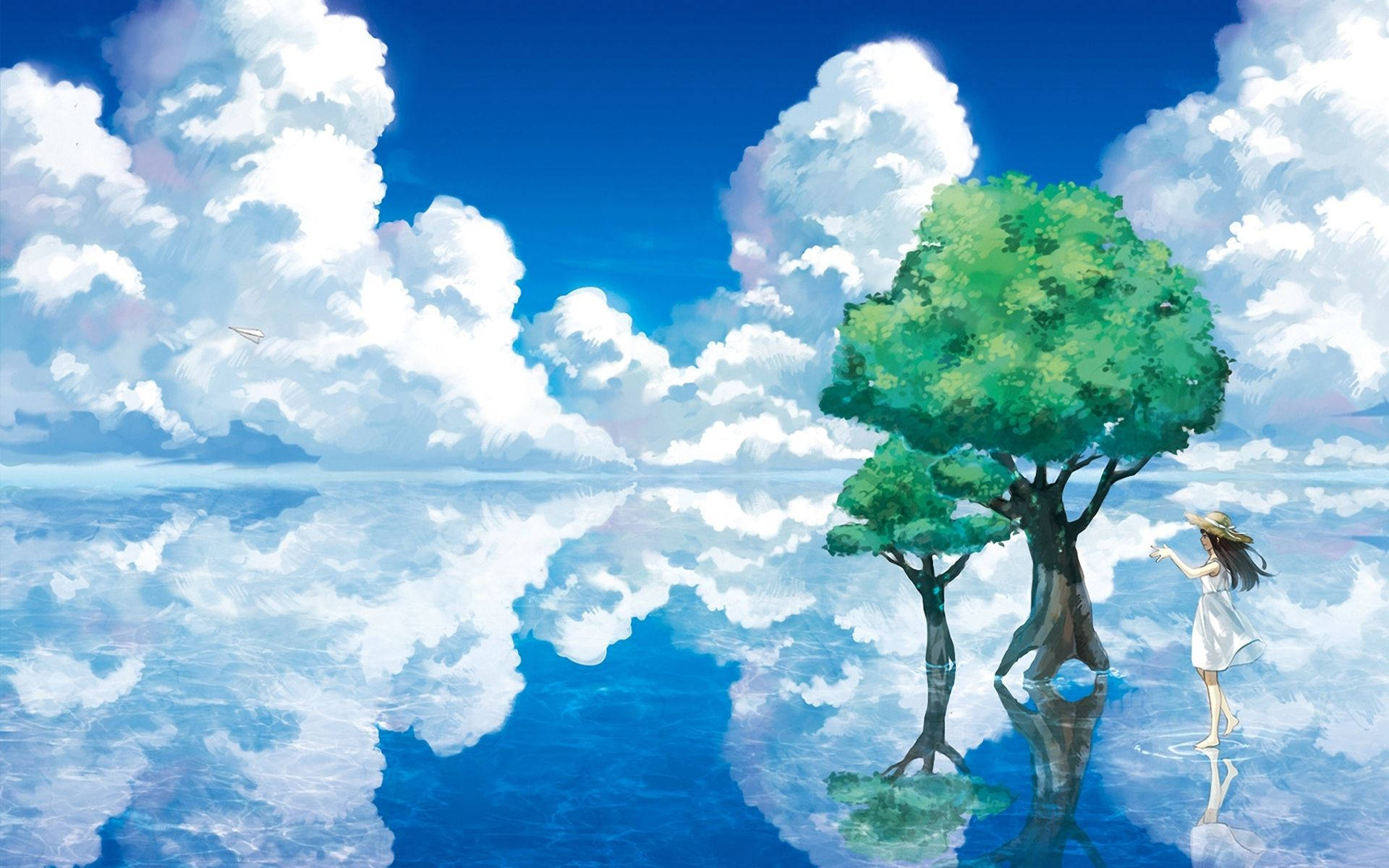 Anime-landskab med spejlende sø Wallpapers