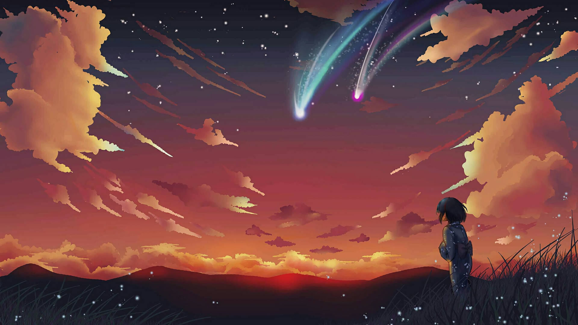 Anime landskab med stjerneskud Wallpapers
