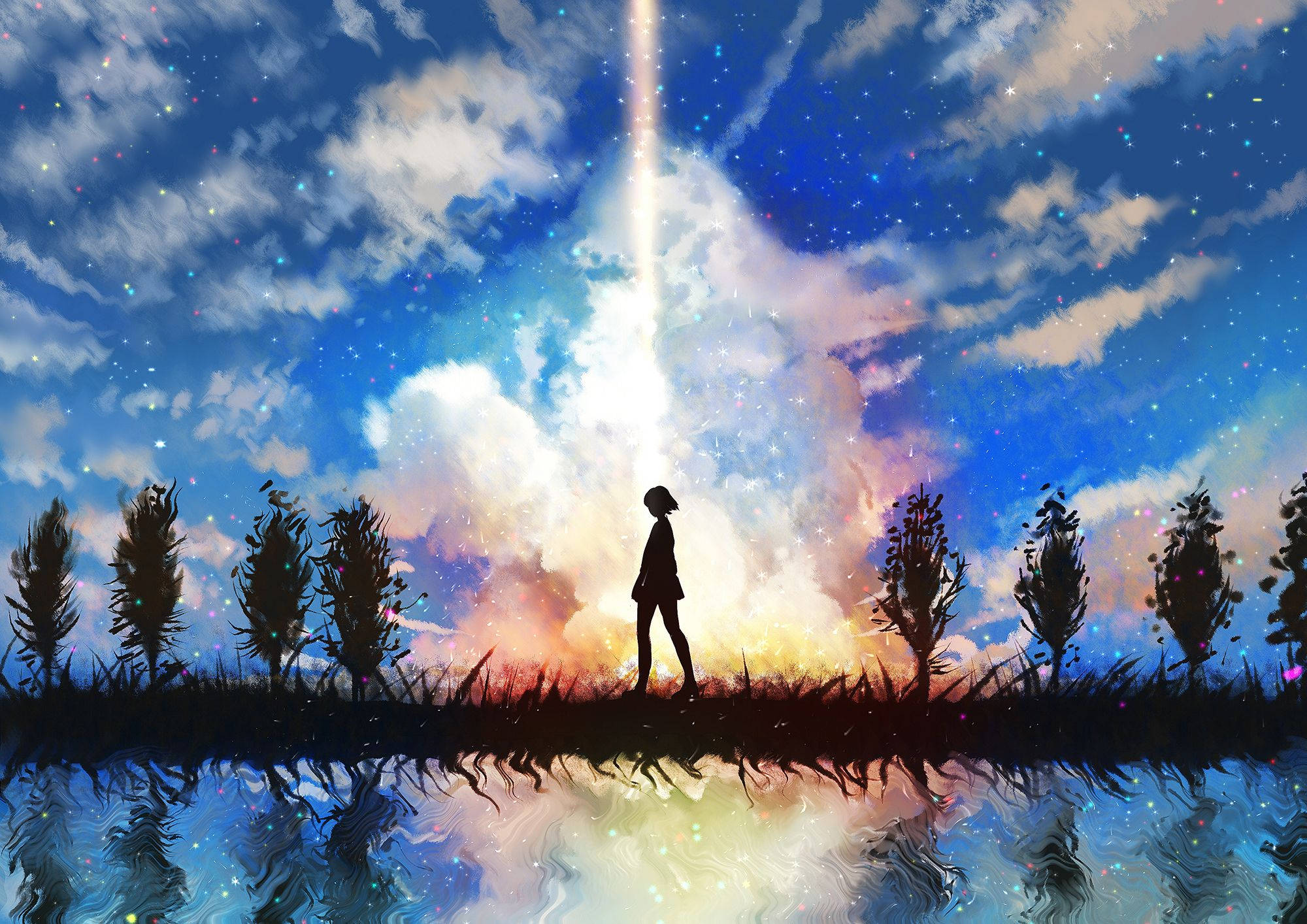 Anime-landskab med stjerner på himlen Wallpapers