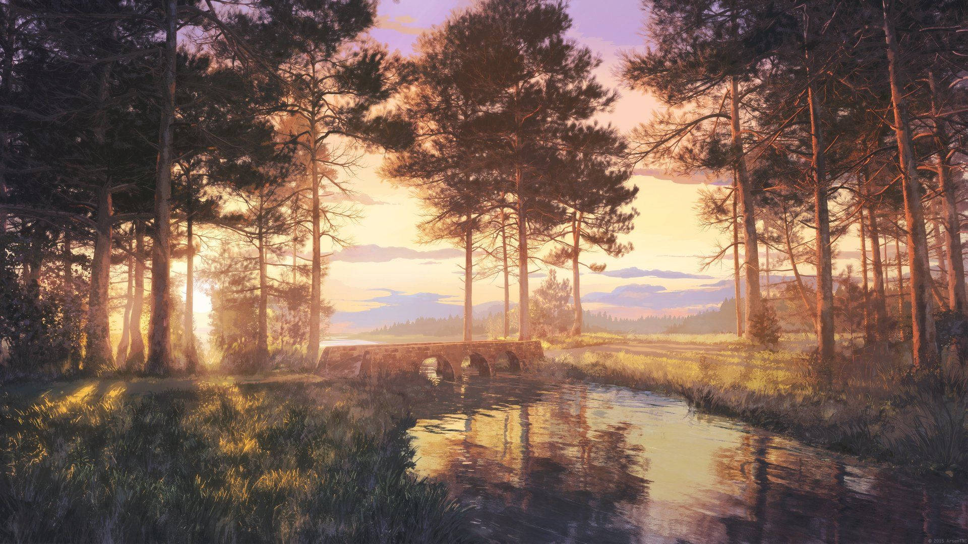 Anime landskab skov træer og flod Wallpapers