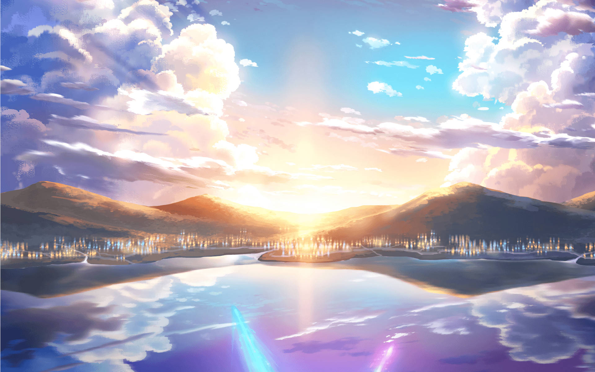 Anime landskab solopgang over bjerge Wallpapers