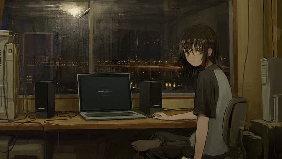 Anime-laptop ved den regnfulde bysilhuet Wallpapers