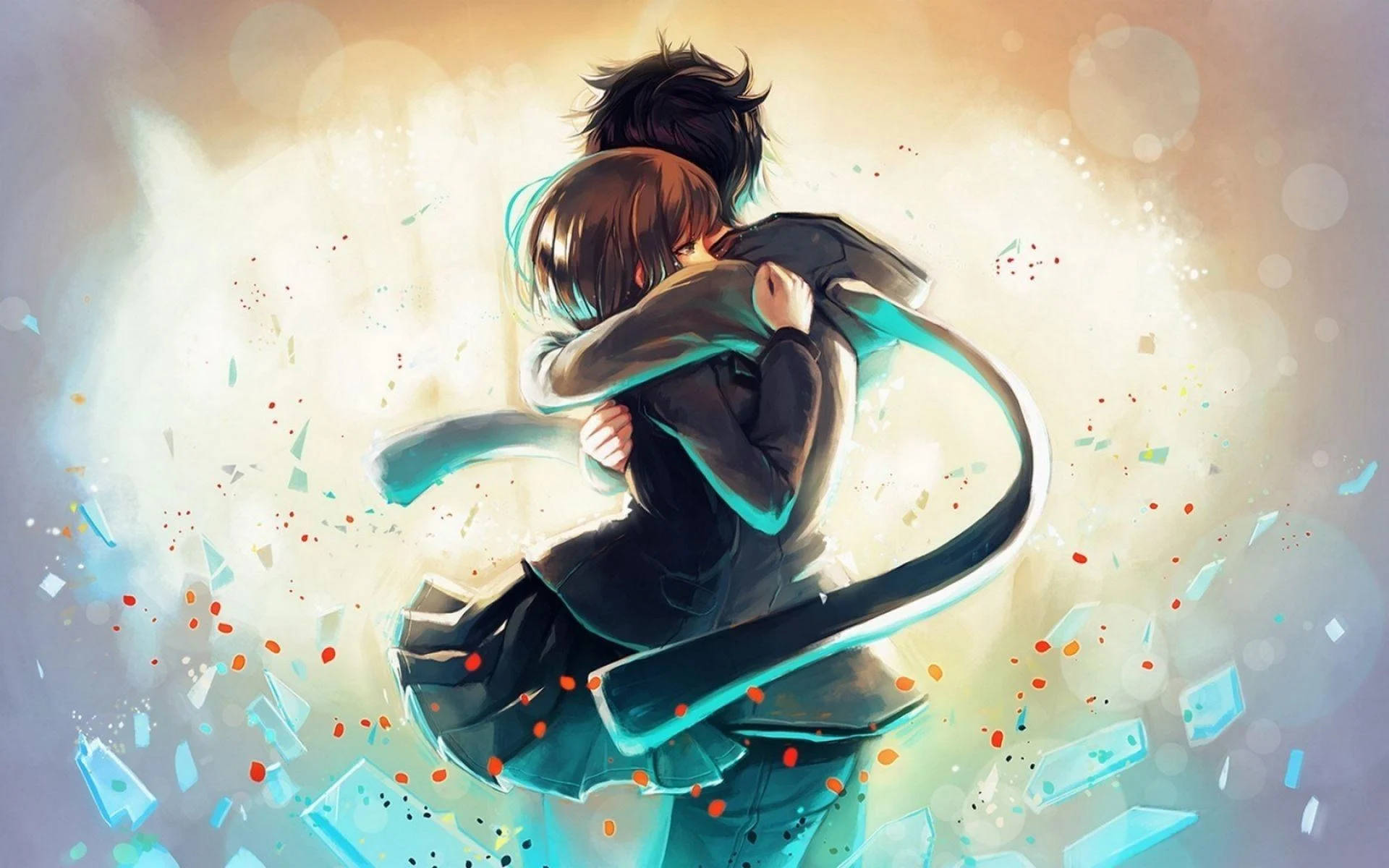 Anime-par i blåt omfavnelse Wallpapers