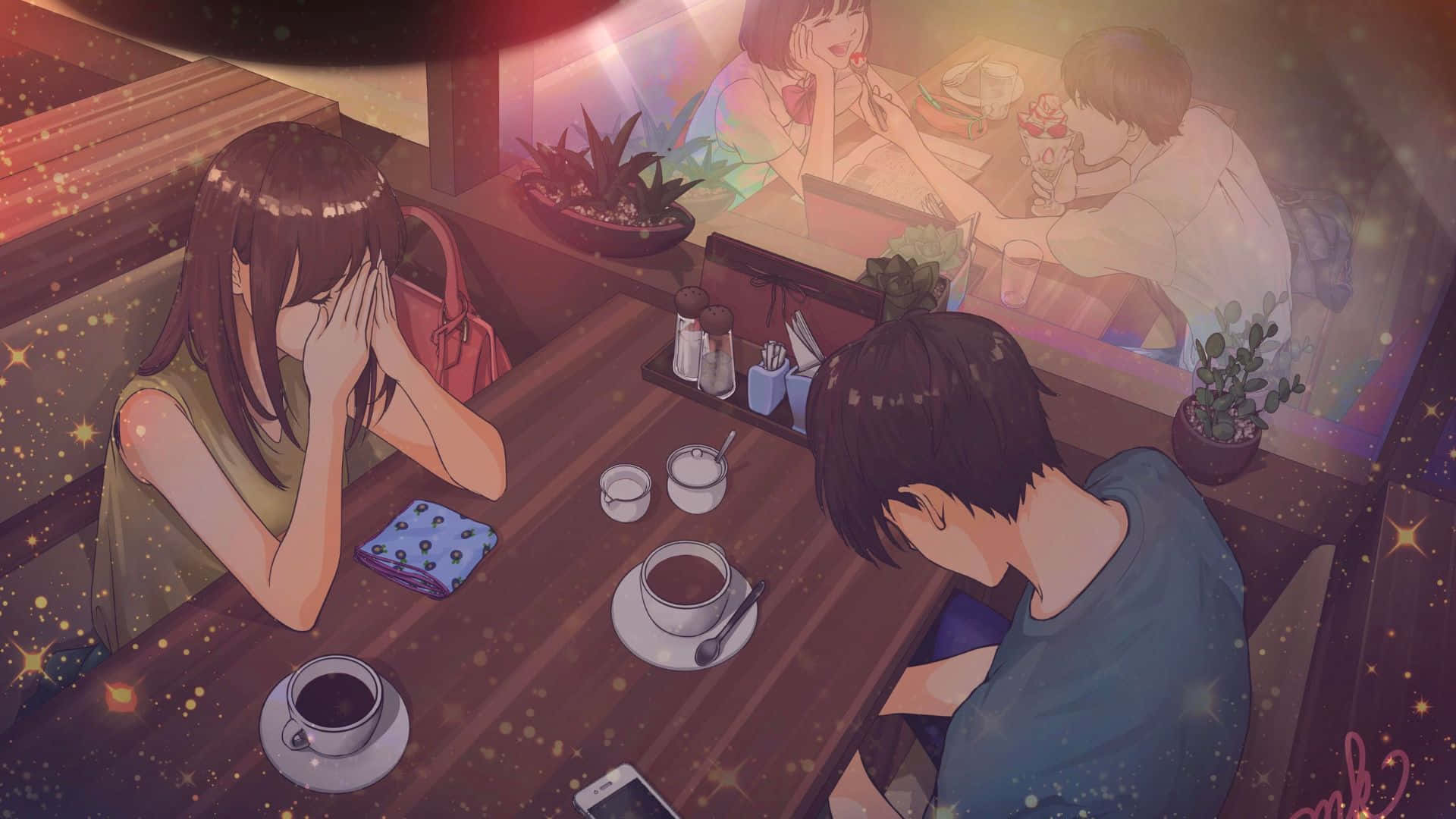 Anime-par i café-baggrund Wallpapers