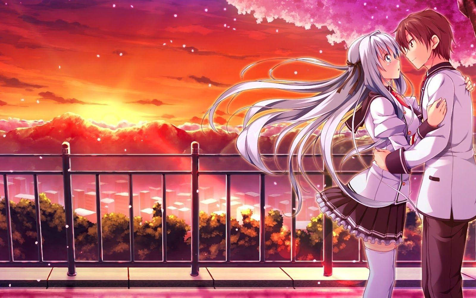 Anime-par krammer solnedgang Wallpapers