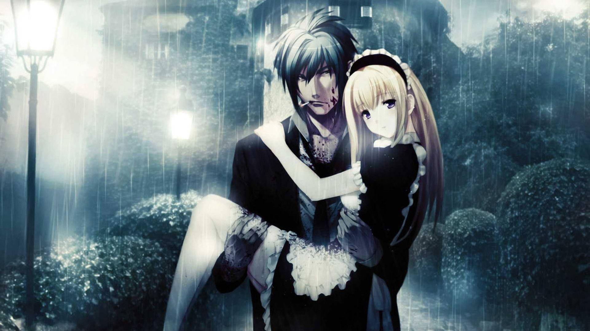 Anime-par krammer i regnvejr Wallpapers