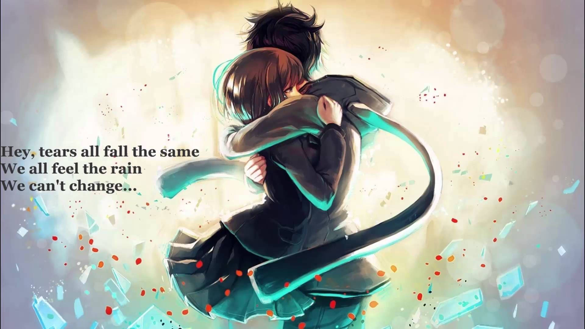 Anime-par krammer med citat Wallpapers