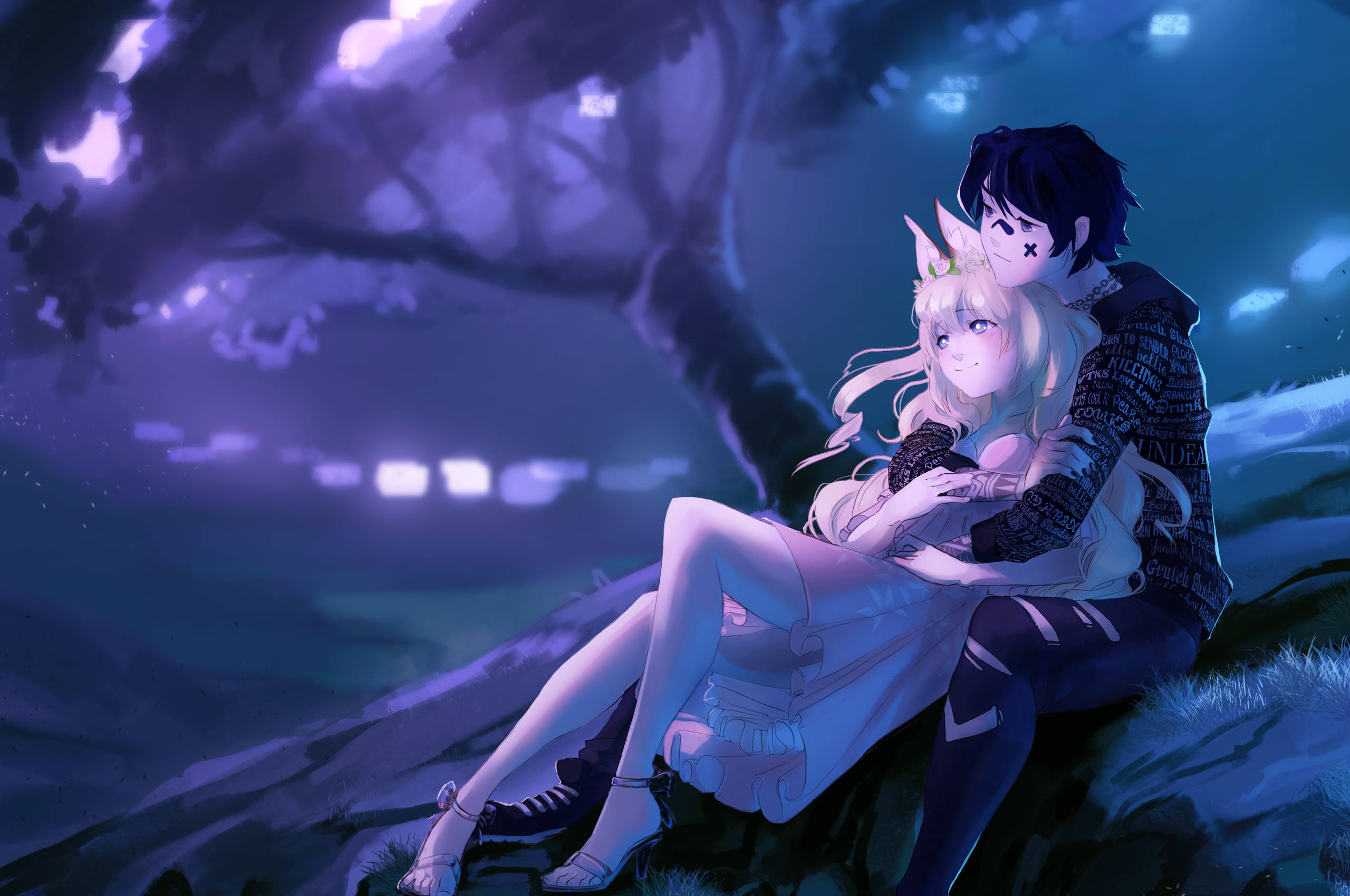 Anime-par krammer om natten Wallpapers