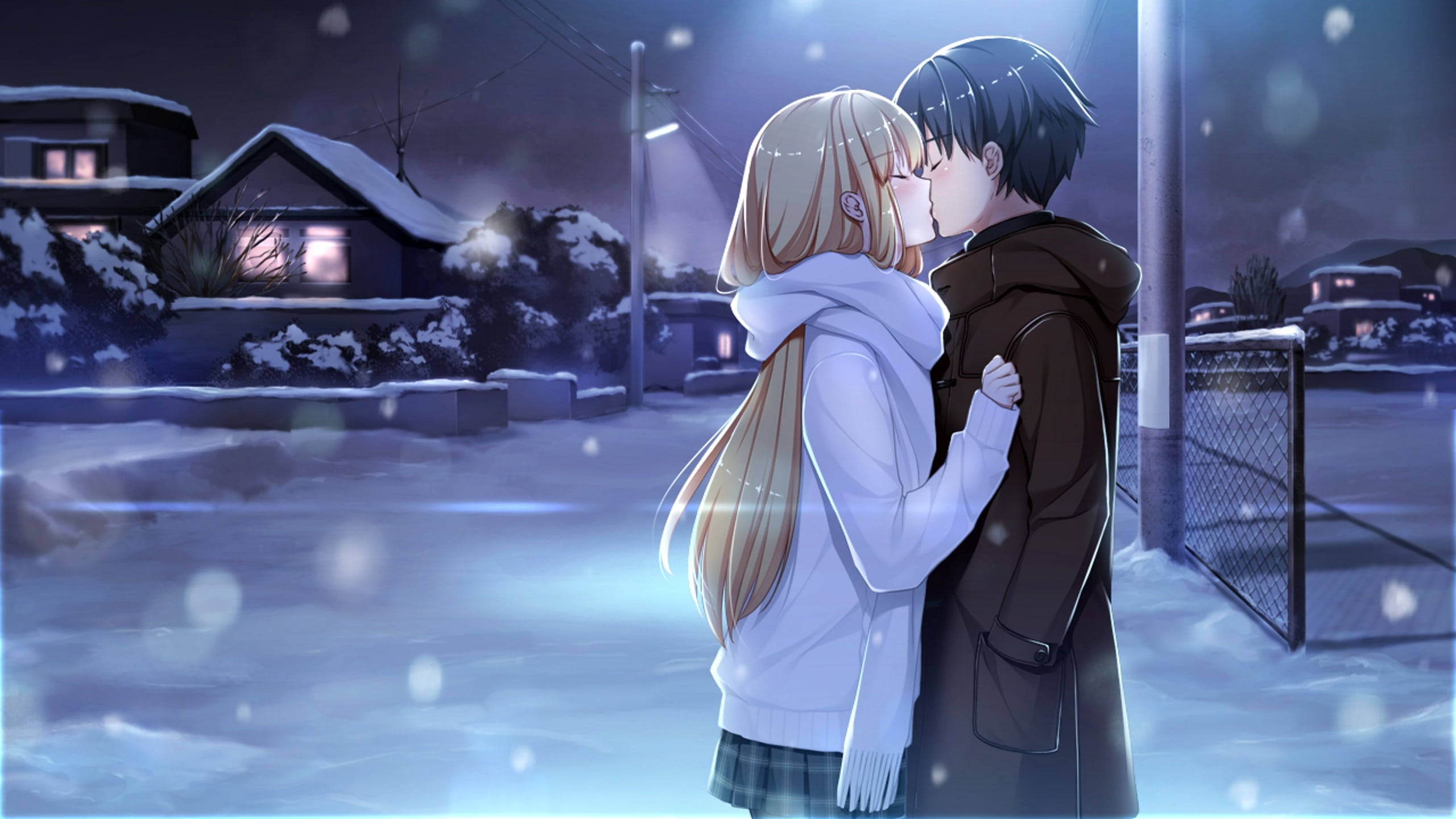 Anime-par kysser under sneen Wallpapers