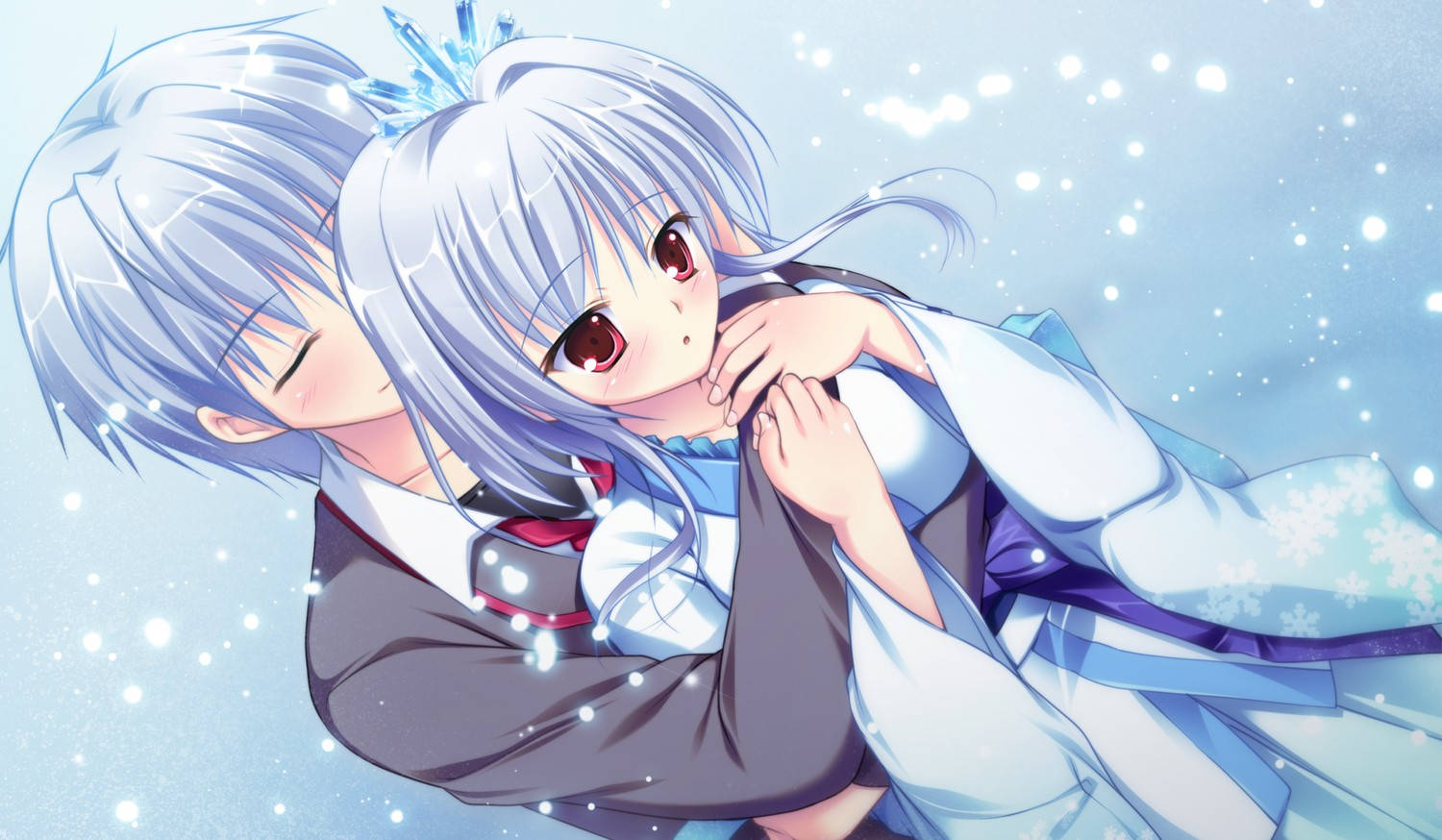Anime-par med blåt hår i kram Wallpapers