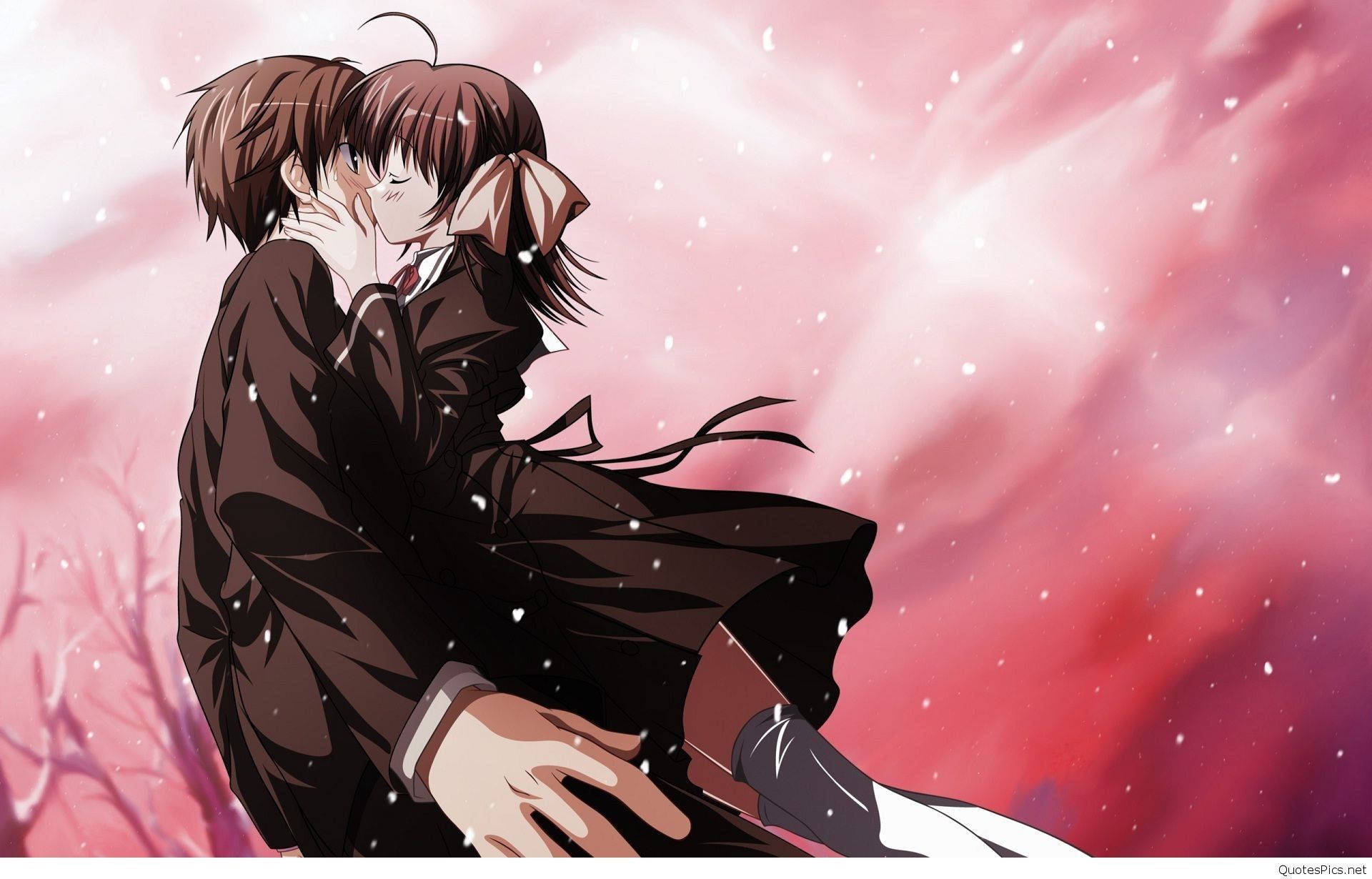 Anime-par omfavner rød himmel Wallpapers